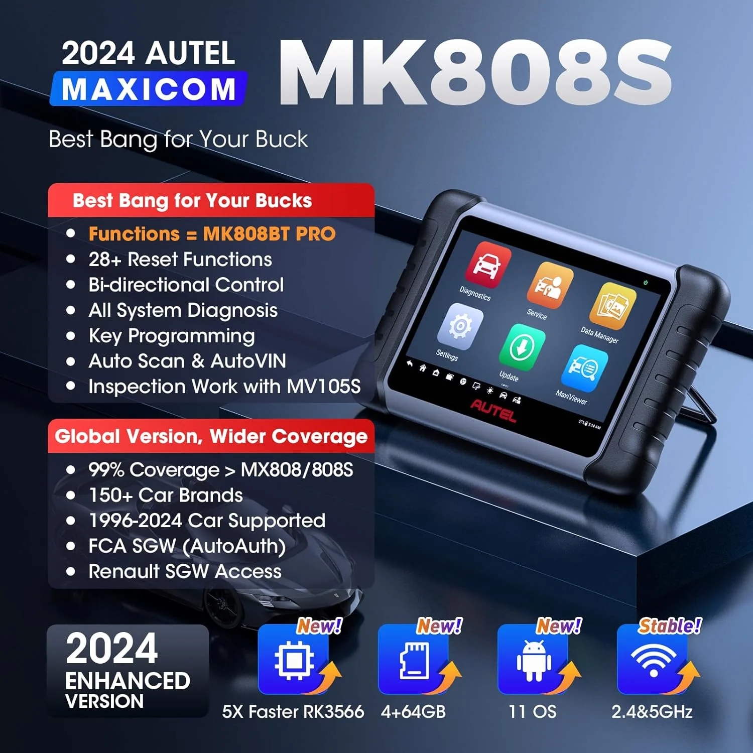 Autel Scanner MaxiCOM MK808S Car Diagnostic Scan Tool Bi-Directional All Systems Diagnosis 38+ Services Active Test FCA Autoauth Upgrade of MK808/MX808