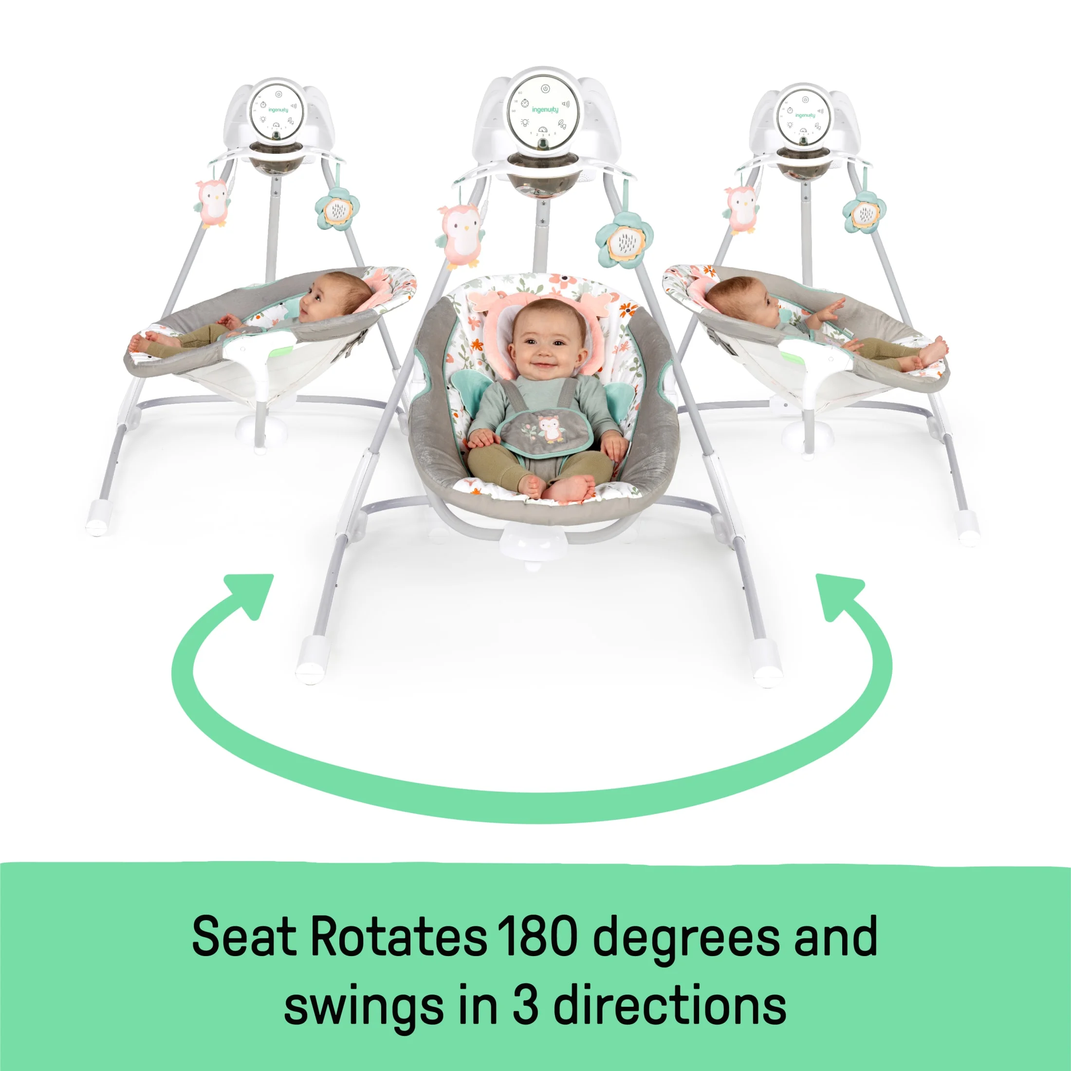 Ingenuity InLighten 5-Speed Baby Swing, Swivel Infant Seat, Nature Sounds, Lights - Pink, Nally