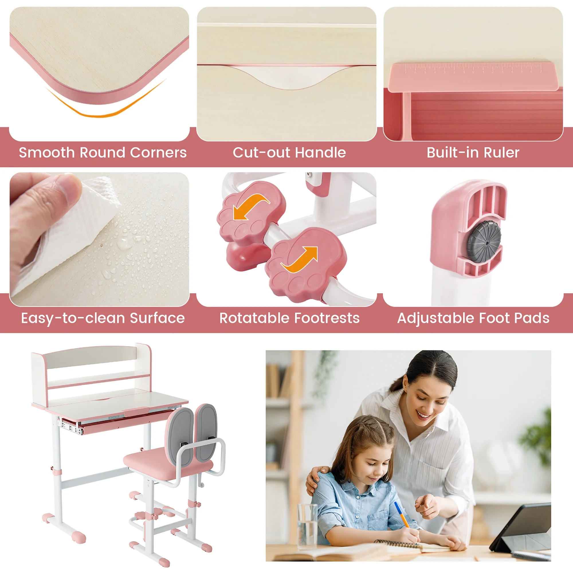 Gymax Kids Desk & Chair Set Height Adjustable Children School Study Table & Chair Pink