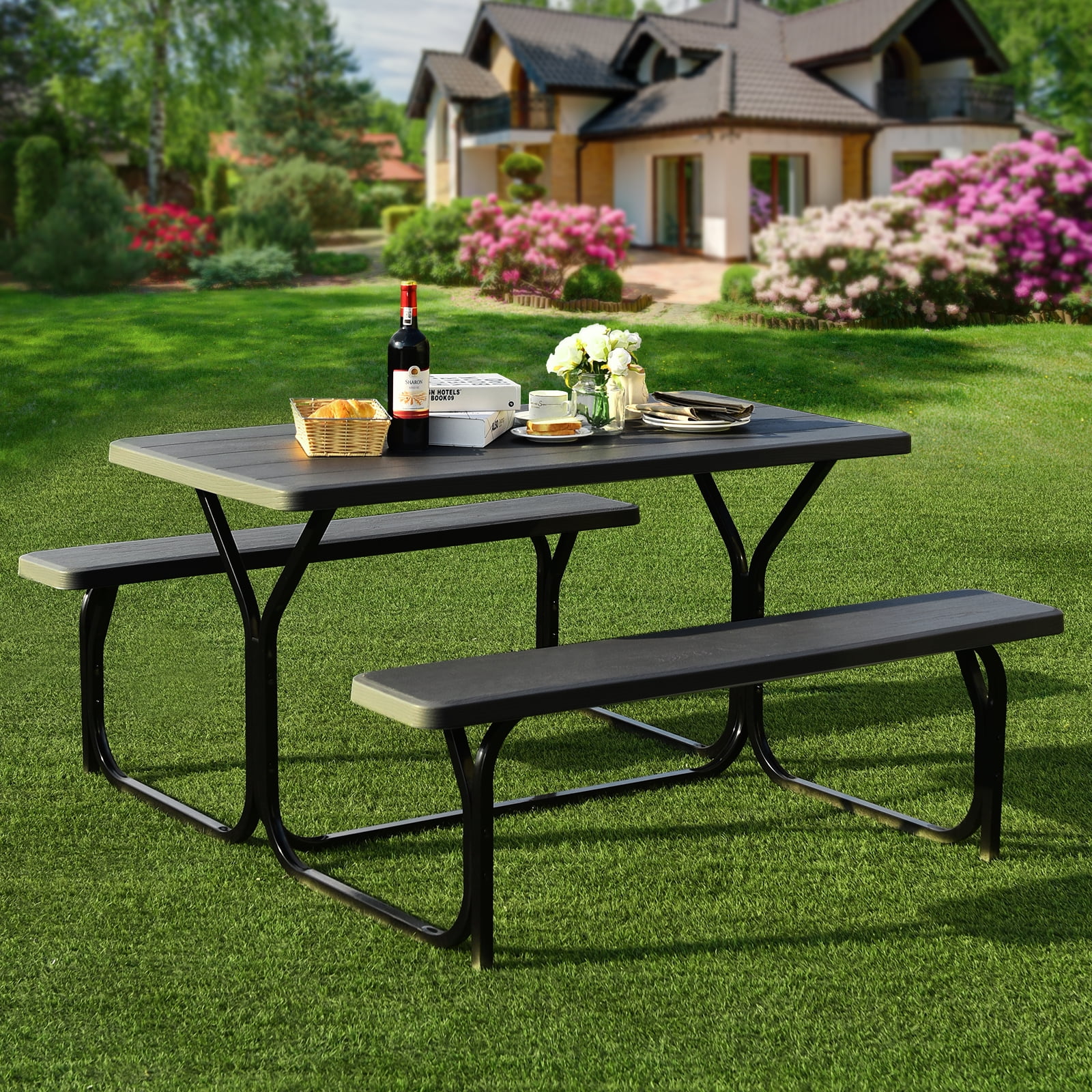 Patiojoy Outdoor Picnic Table Bench Set Patio Camping Table w/Steel Frame & Wood Texture Tabletop for Garden Black