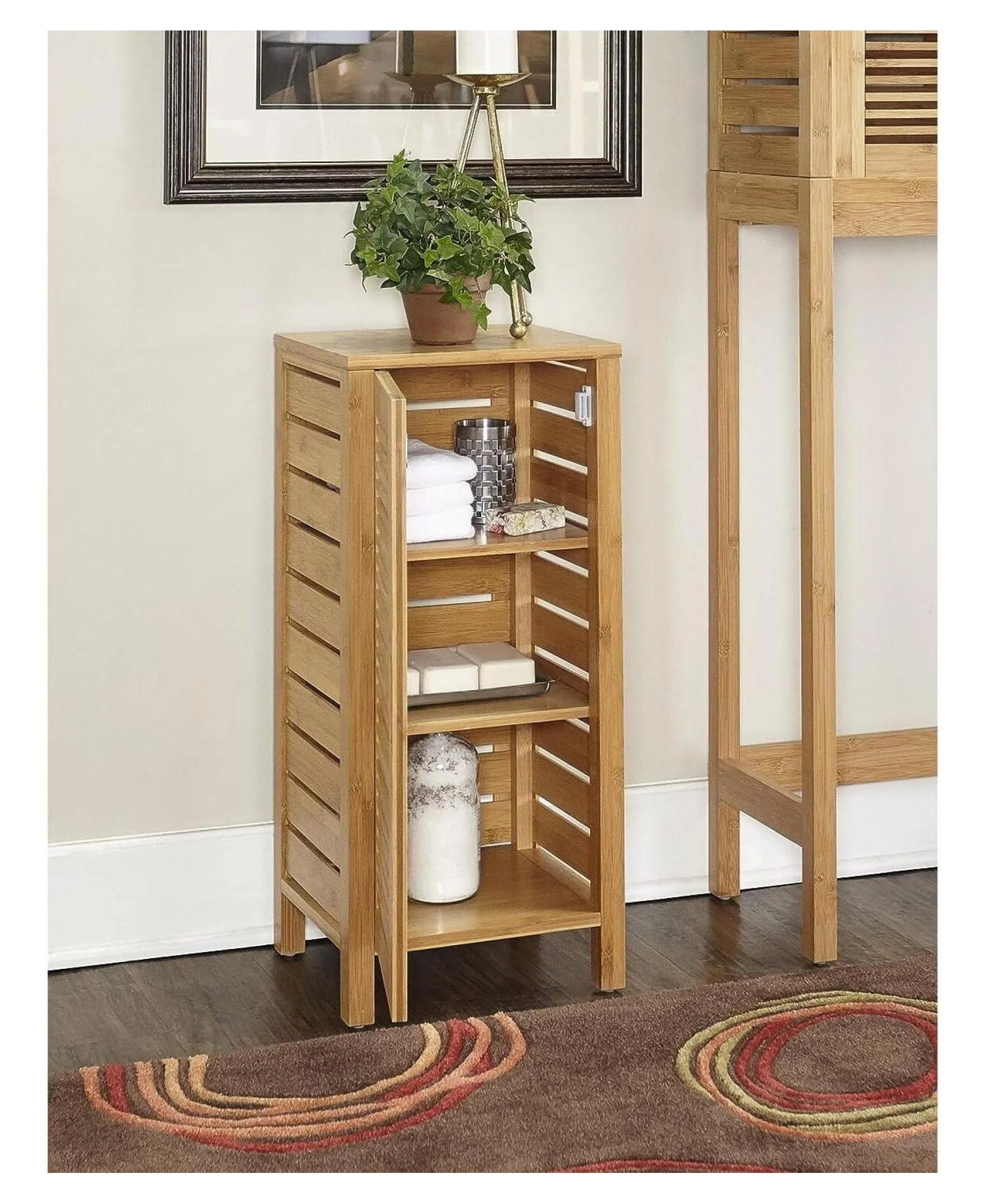 ZJINJIN Bracken 3 Shelf 1 Door Bathroom Storage Floor Cabinet, Bamboo Natural Bamboo