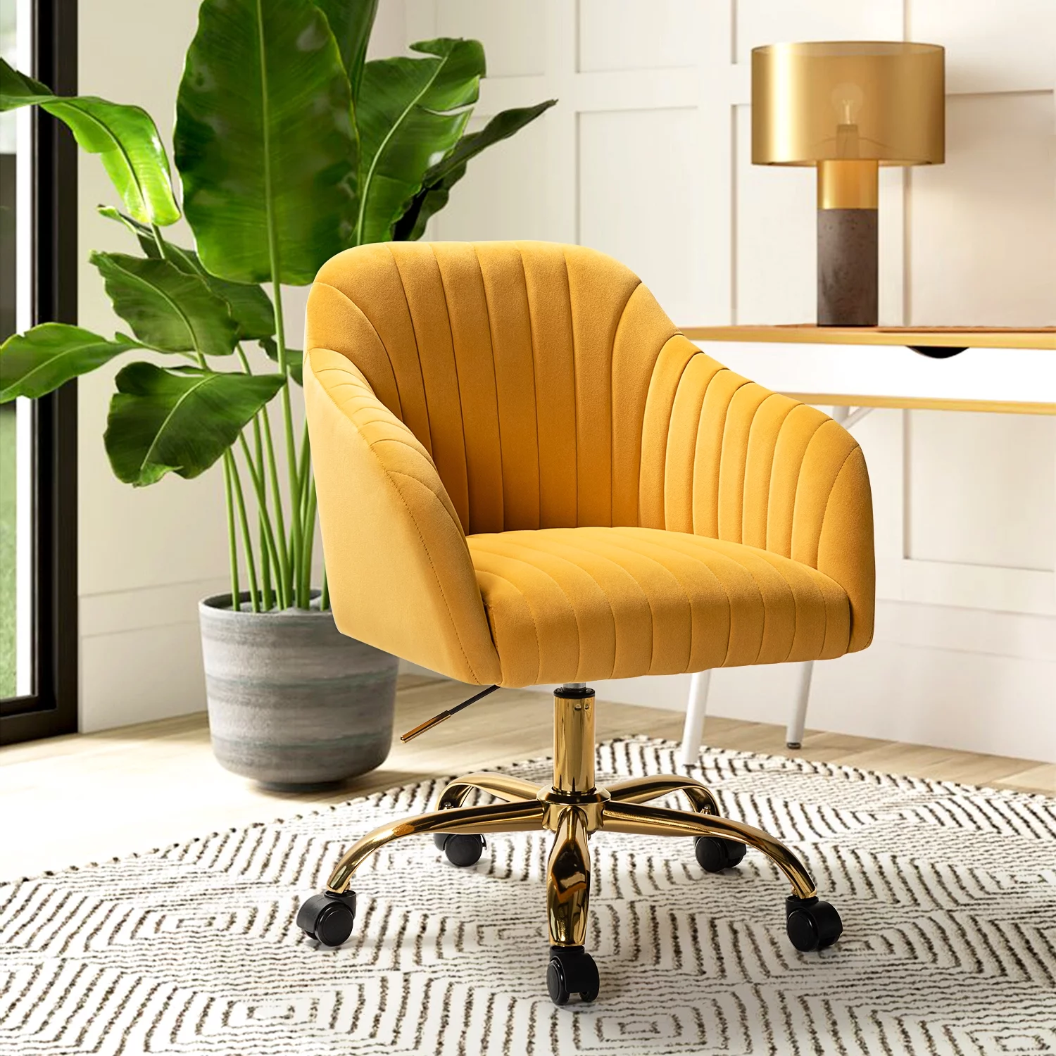 Modern Home Office Task Chair Swivel Rolling Wheels Velvet Height Adjustable Gold Legs Computer Desk Bedroom Yellow