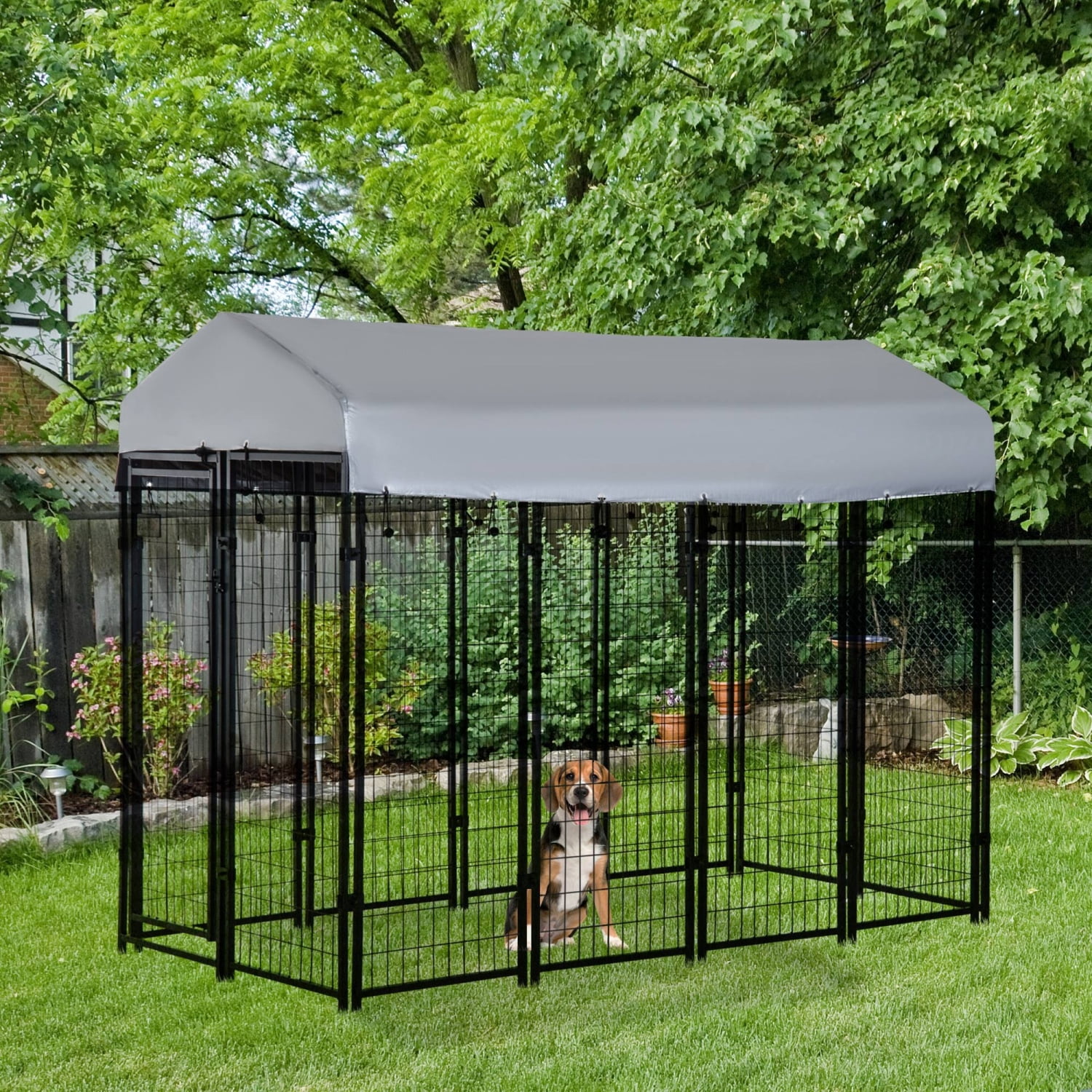 WLAIWLA Large PawHut Outdoor Dog Playpen with Water-resistant Canopy Lockable Door - 8‘ x 6‘ x 4‘ Exercise Pen for Medium and Large Dogs