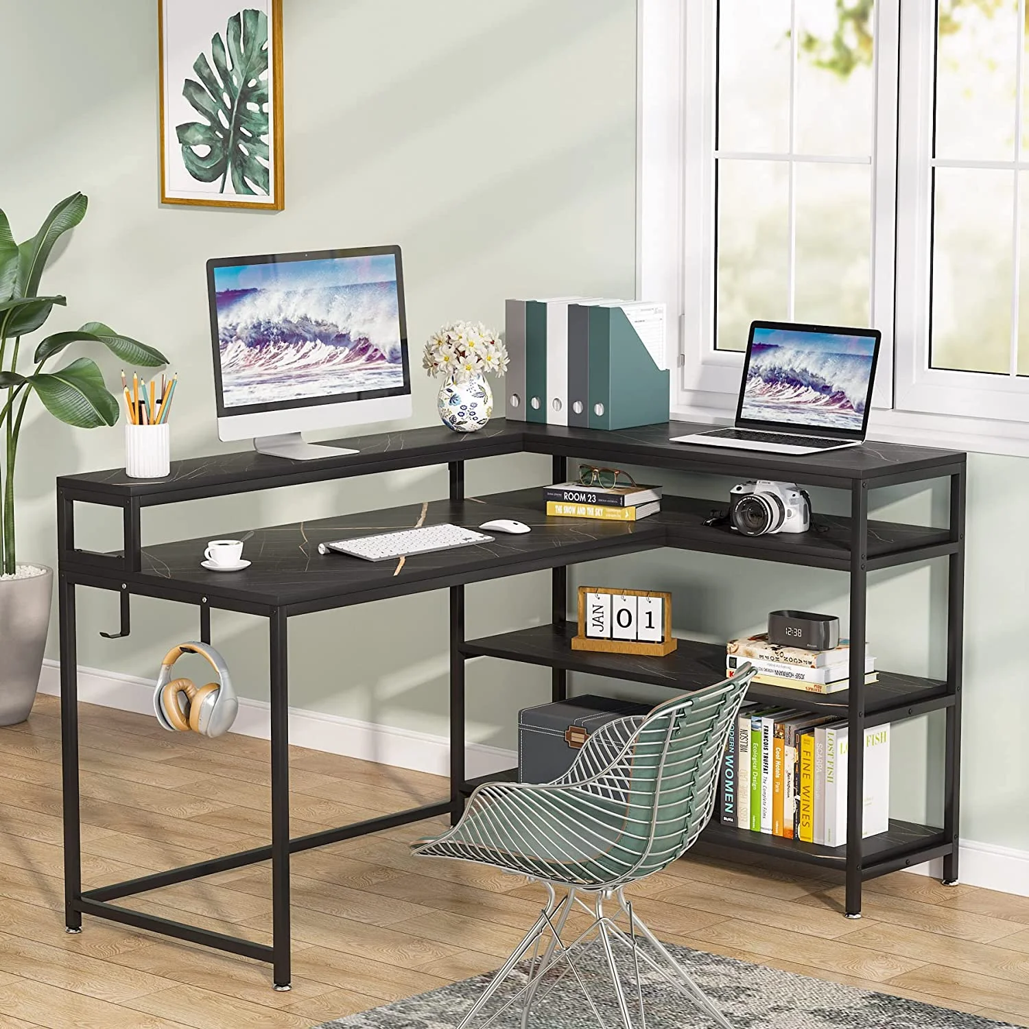 Tribesigns Reversible L Shaped Computer Desk with Storage Shelf and Monitor Stand, Black Faux Marble