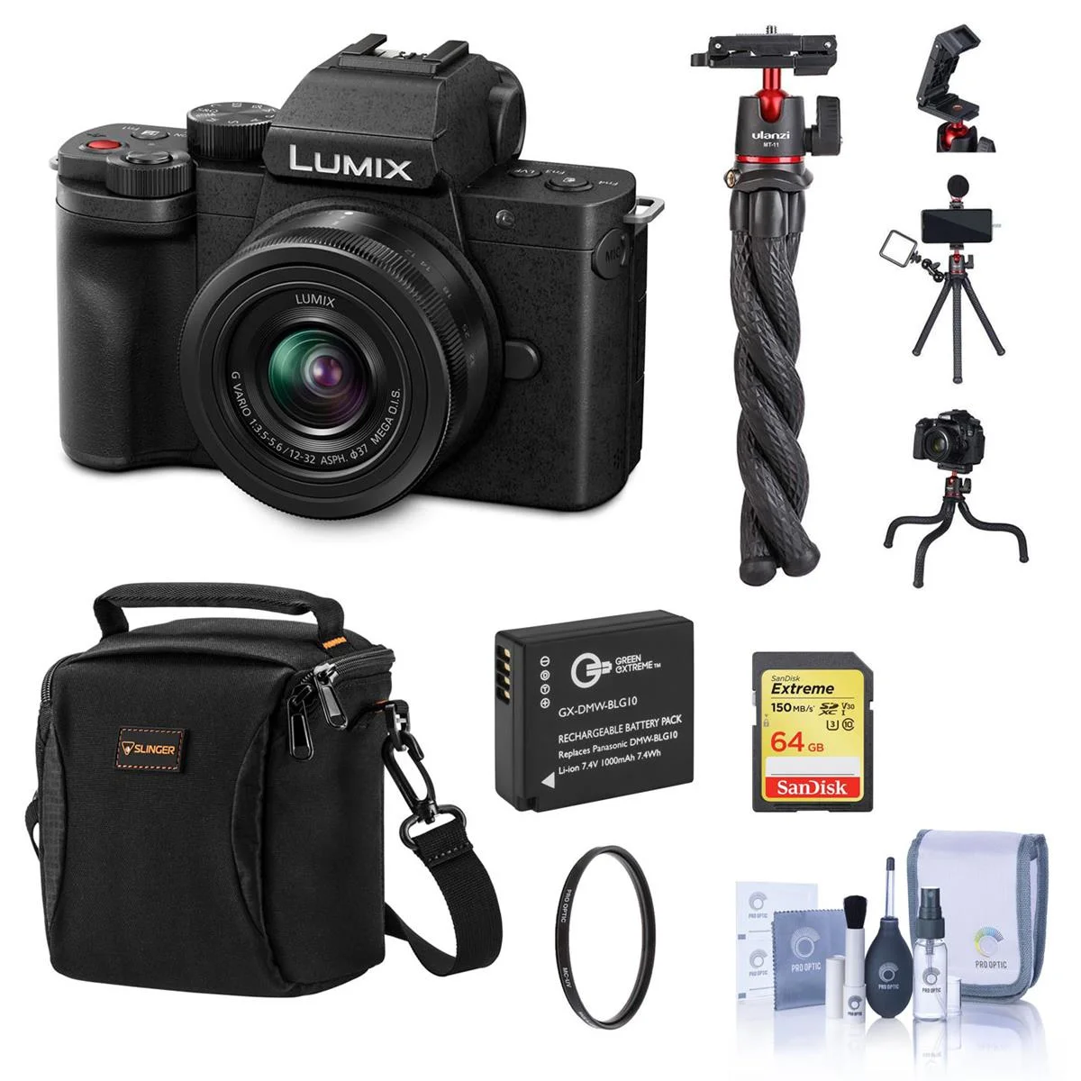 Panasonic Lumix DC-G100 Mirrorless Camera Black with G Vario 12-32mm f/3.5-5.6 AS Lens - Bundle With 32GB SDHC Card, Soulder Bag, Spare Battery, Compa