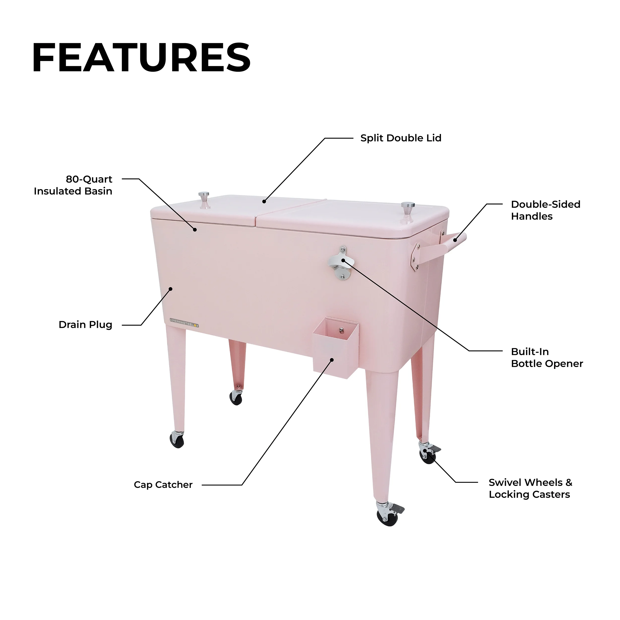Permasteel 80-Qt Classic Outdoor Steel Patio Cooler on Wheels, Beverage Rolling Cart, Pink