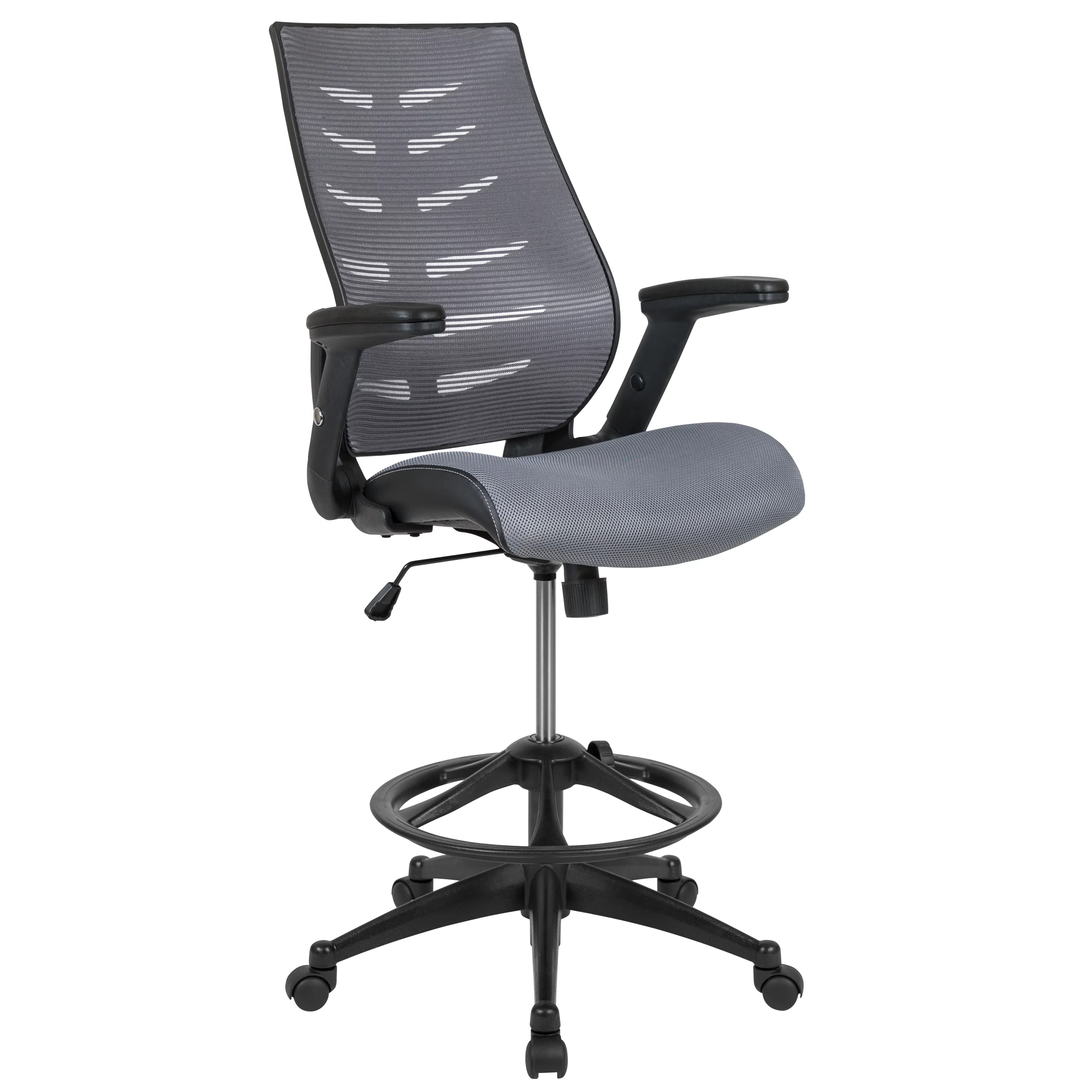 Flash Furniture Kale High Back Dark Gray Mesh Spine-Back Ergonomic Drafting Chair with Adjustable Foot Ring and Adjustable Flip-Up Arms