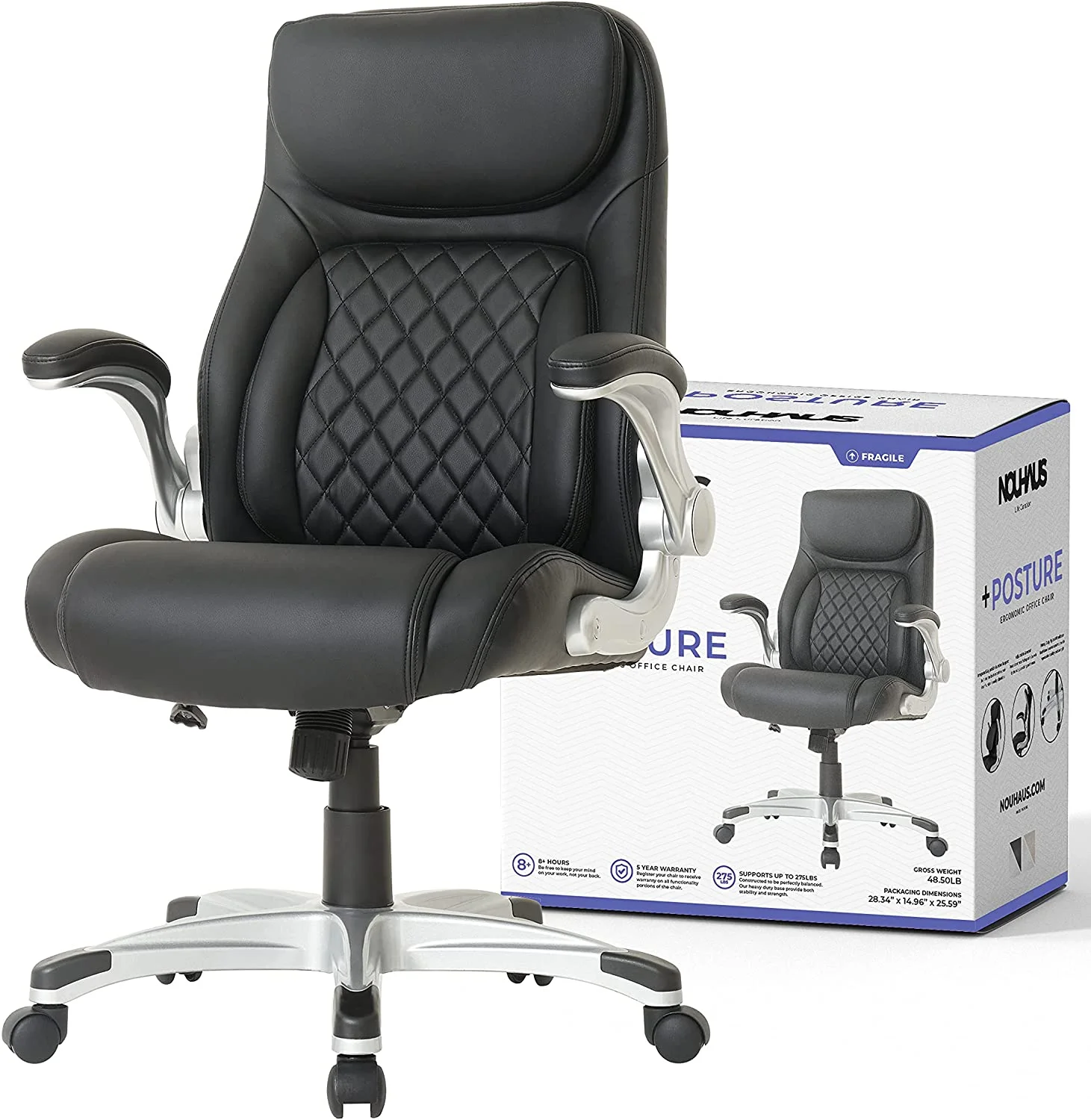 Nouhaus Posture Ergonomic PU Leather Office Chair. Click5 Lumbar Support with FlipAdjust Armrests. Modern Executive Chair and Computer Desk Chair