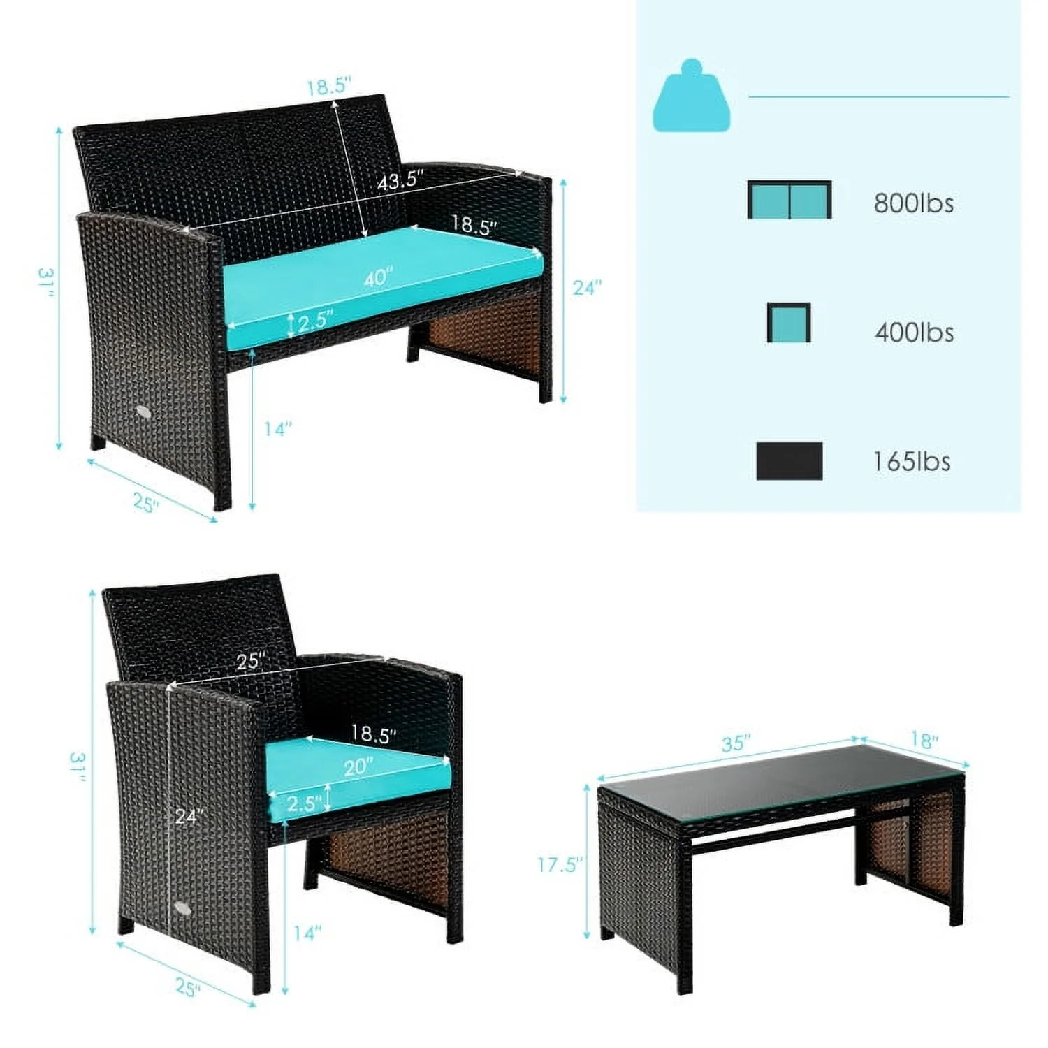 Kadyn Outdoor Bistro Conversation Set, Patio Furniture Sets, 4 Pieces Patio Rattan Cushioned Furniture Set-Turquoise