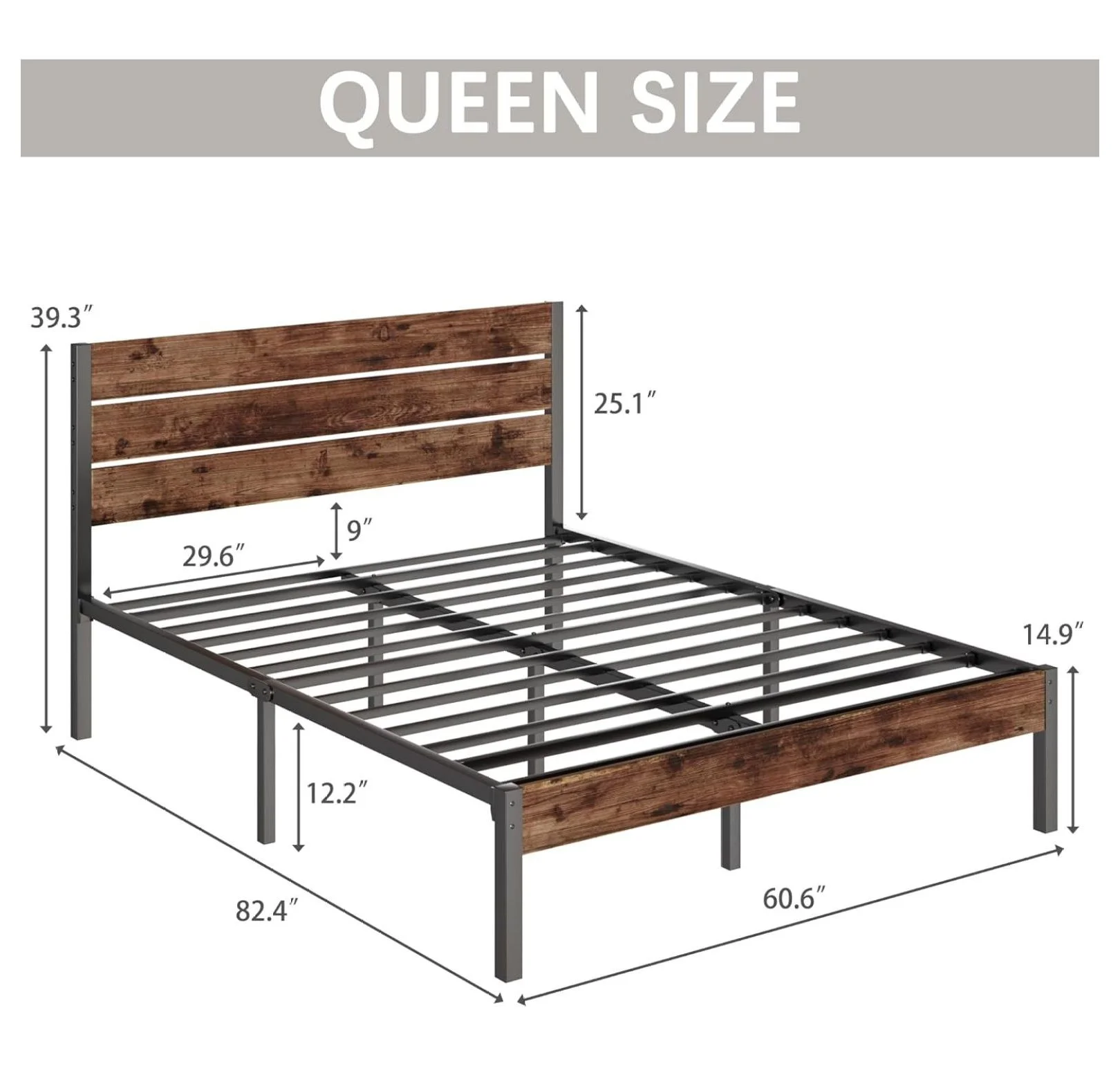 Queen Bed Frame with Headboard and Footboard, with Under Bed Storage, All-Metal Support System, No Box Spring Needed, Easy Assembly,Rustic Brown