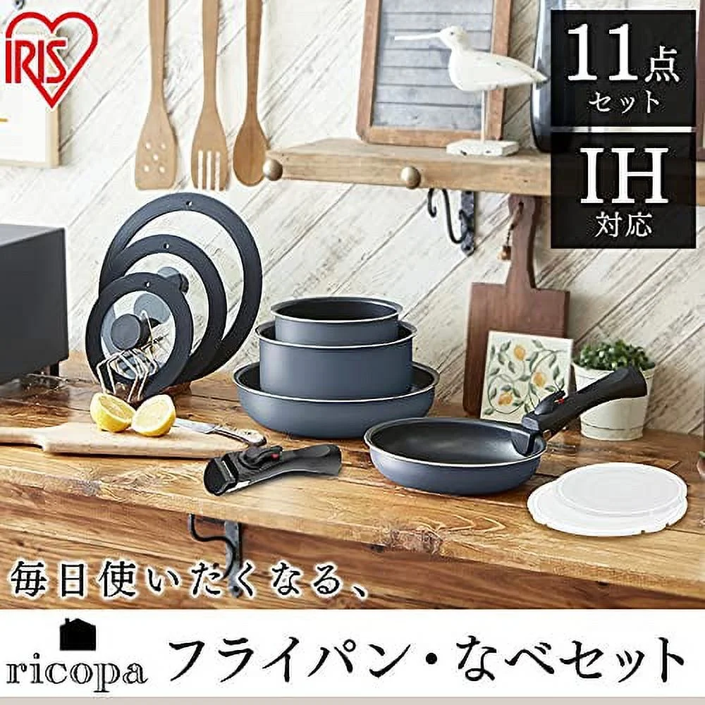 Iris Ohyama Frying Pan Pot Set Frying Pan Set Gas Fire IH Compatible 11 Piece Set Diamond Coating with Handle Ricopa Color White Ivory TF-SE11
