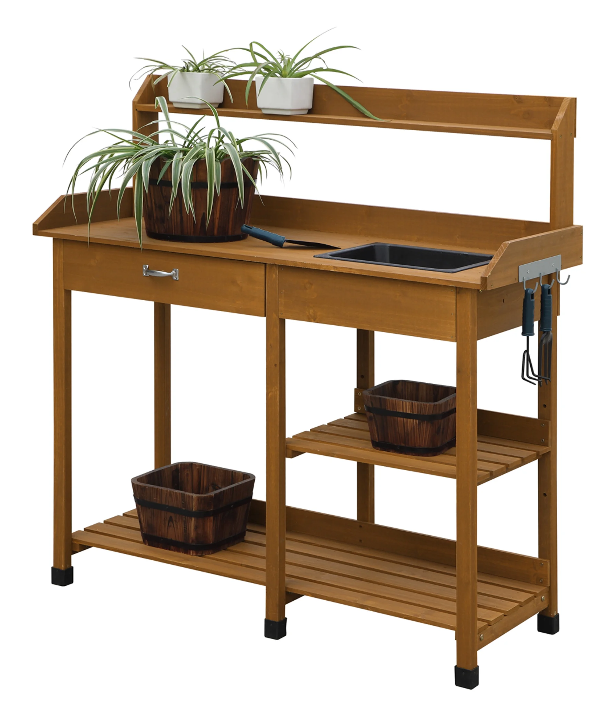 Convenience Concepts Deluxe Garden Potting Bench with Drawer and Shelves, Light Oak Wood Finish