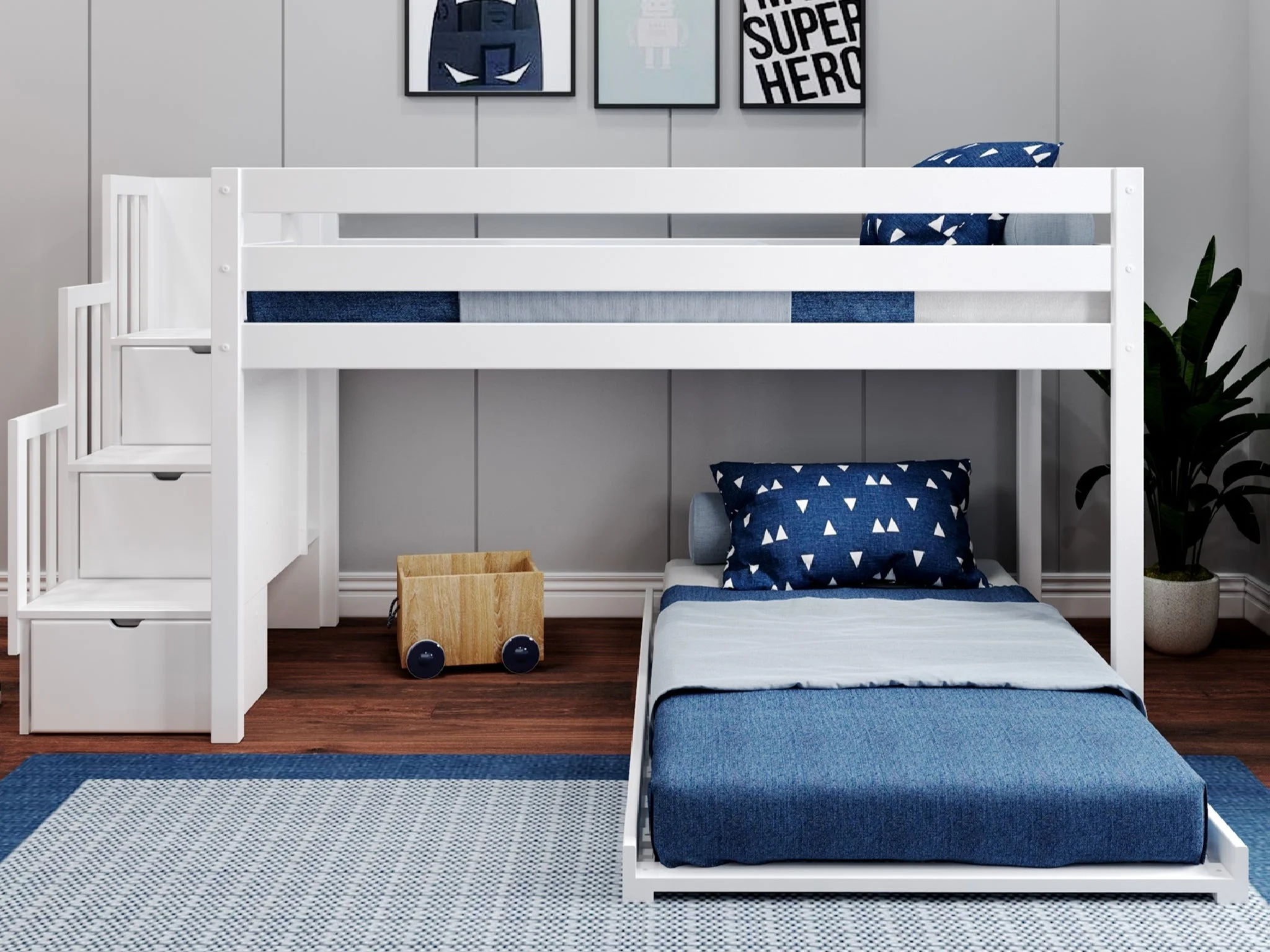 JACKPOT! Contemporary Low Loft Twin Bed with a 3 Drawer Stairway and Twin Bed, White