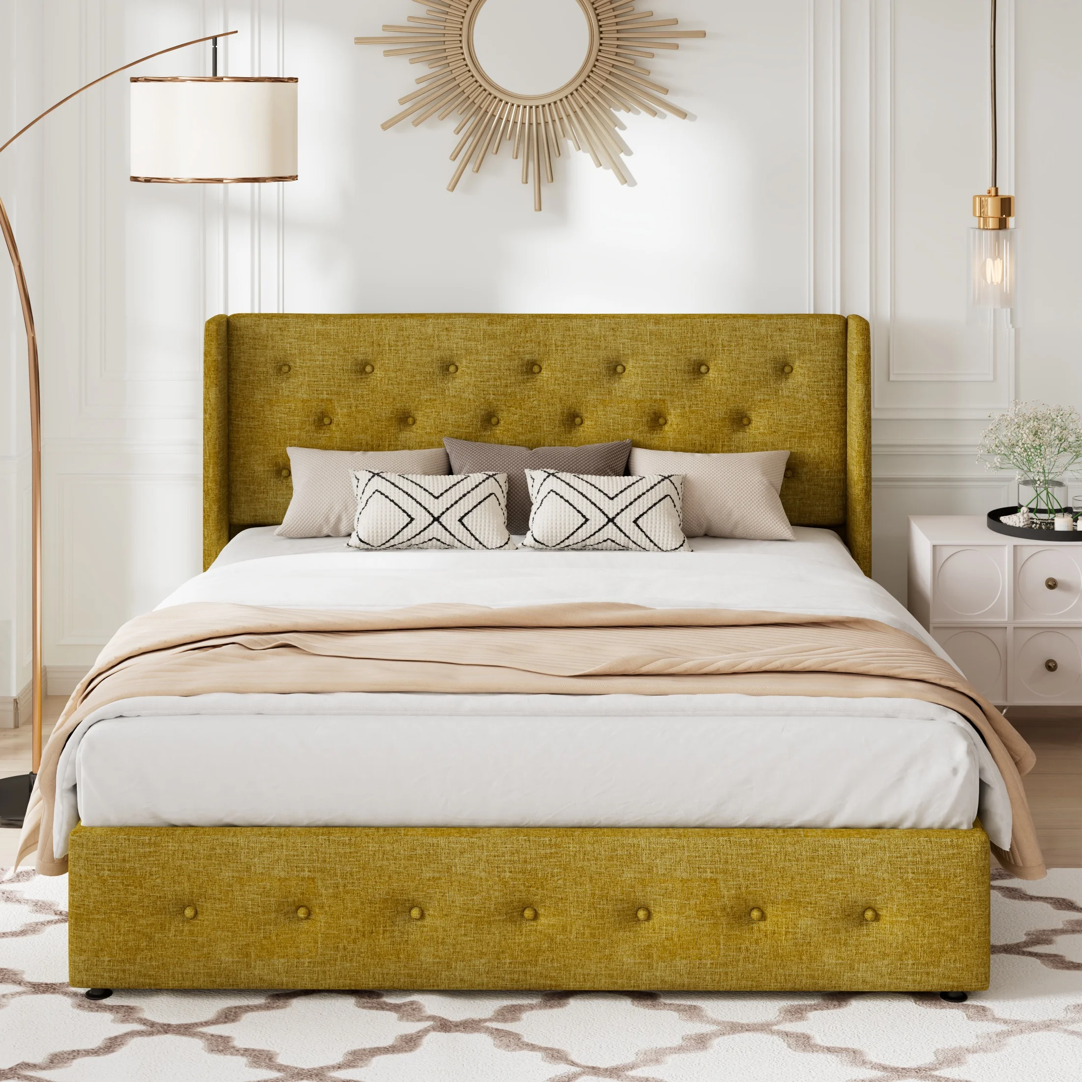 Allewie Queen Size Lift Up Platform Storage Bed Frame with Button Tufted Wingback Headboard, Olive Yellow
