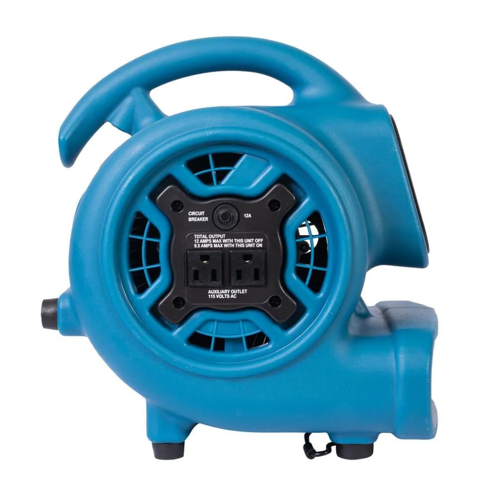 925 CFM 3-Speed Multi-Purpose Mini Mighty Air Mover Utility Blower Fan with Power Outlets and Timer in Blue