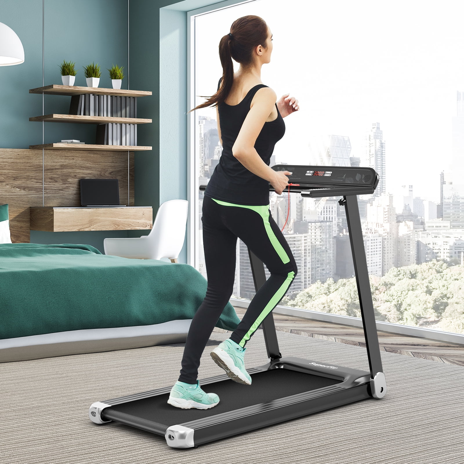 SuperFit Folding Electric Treadmill Compact Walking Running Machine w/APP Control Speaker Silver