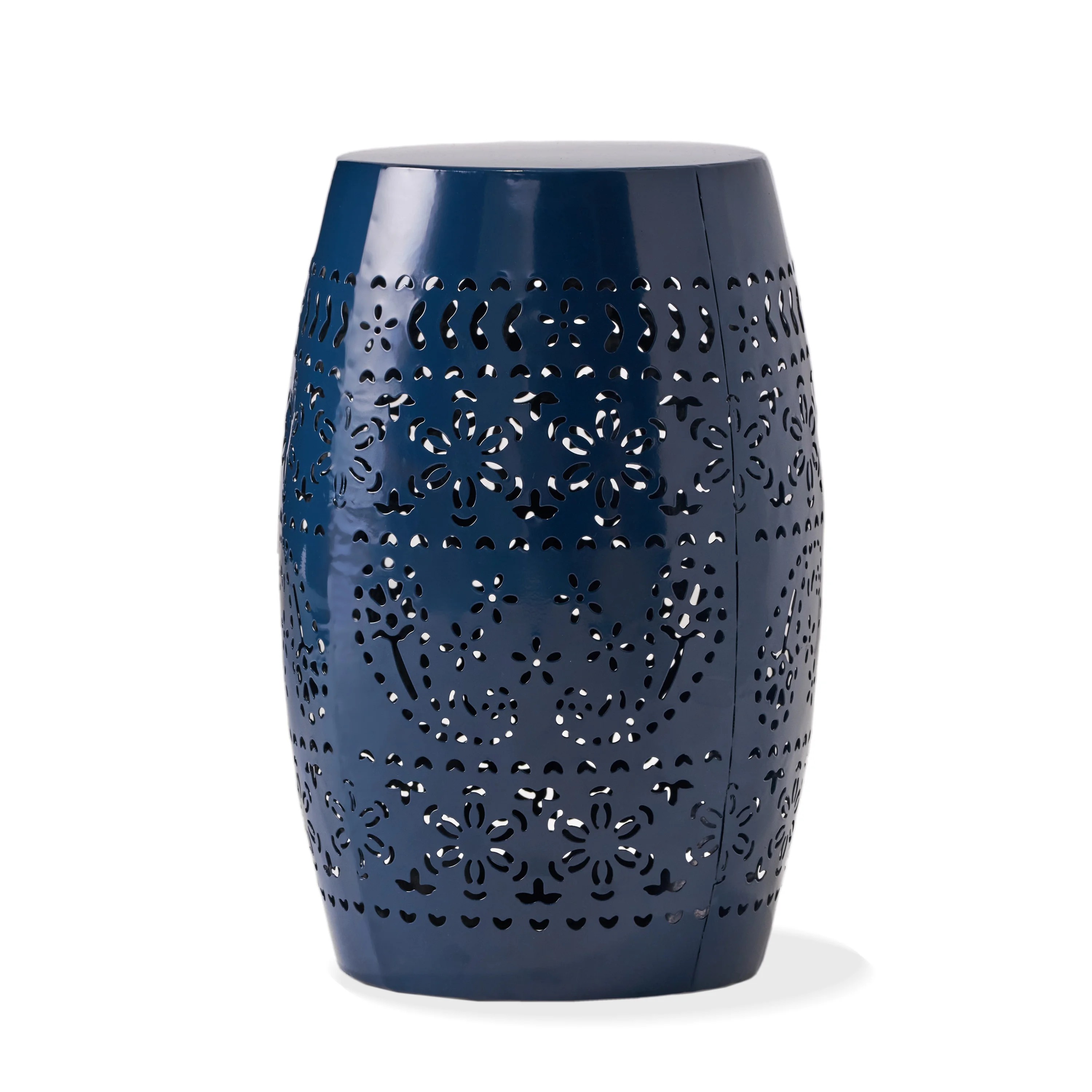 Modern Lace-Cut Metal Side Table - All-Weather Outdoor and Indoor Accent Table with Barrel Shape