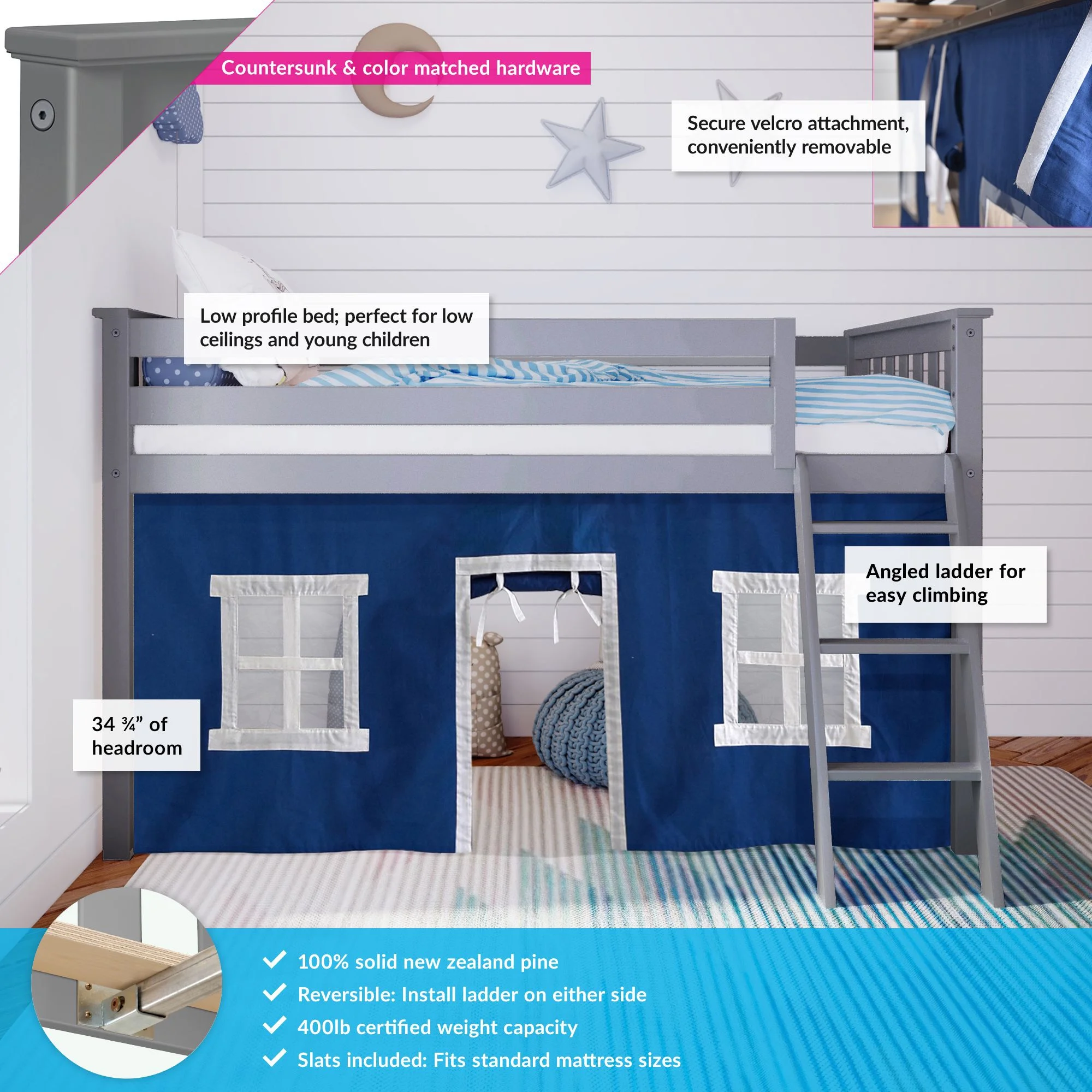 Max & Lily Loft Bed, Low Wood Twin Loft Bunk Beds for Kids with Ladder and Blue Curtain, Grey