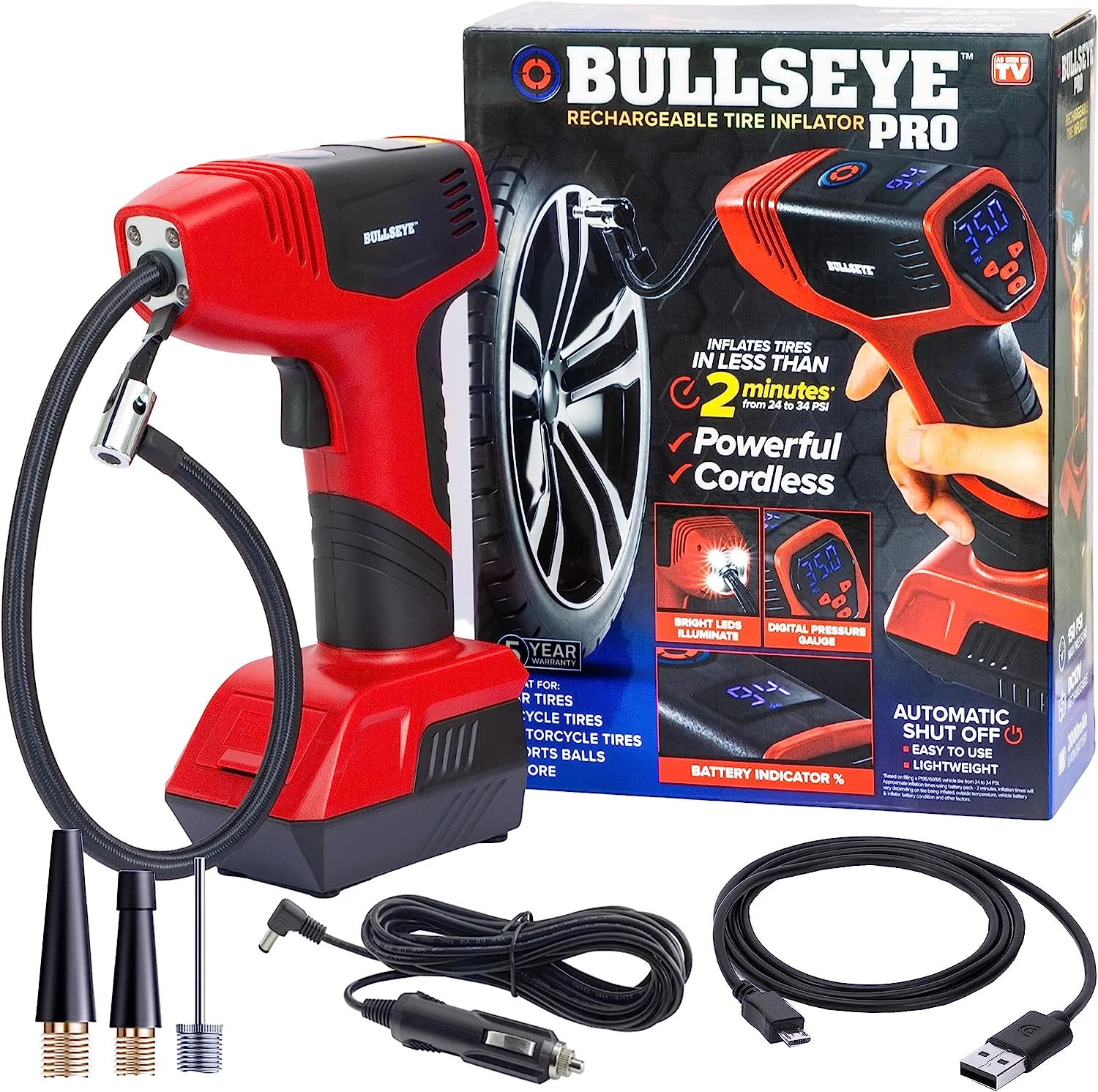 Bullseye Tire Inflator 150 PSI Electric Air Compressor Portable Air Pump For Car Bike LED Tire Pressure Gauge 12V DC Red