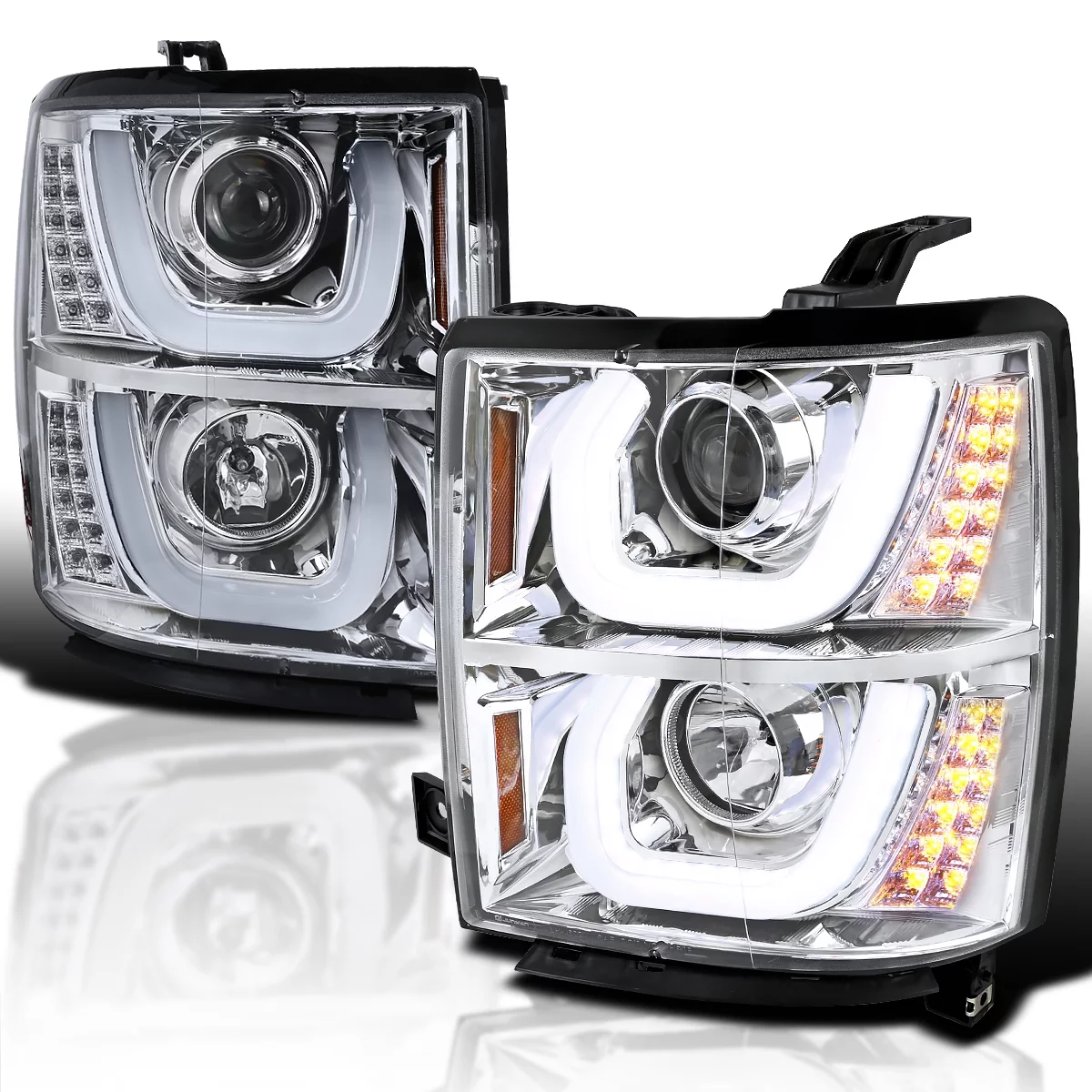 Spec-D Tuning Chrome LED Halo Signal Projector Headlights Compatible with 2014-2015 Chevy Silverado 1500, Left + Right Pair Headlamps Assembly