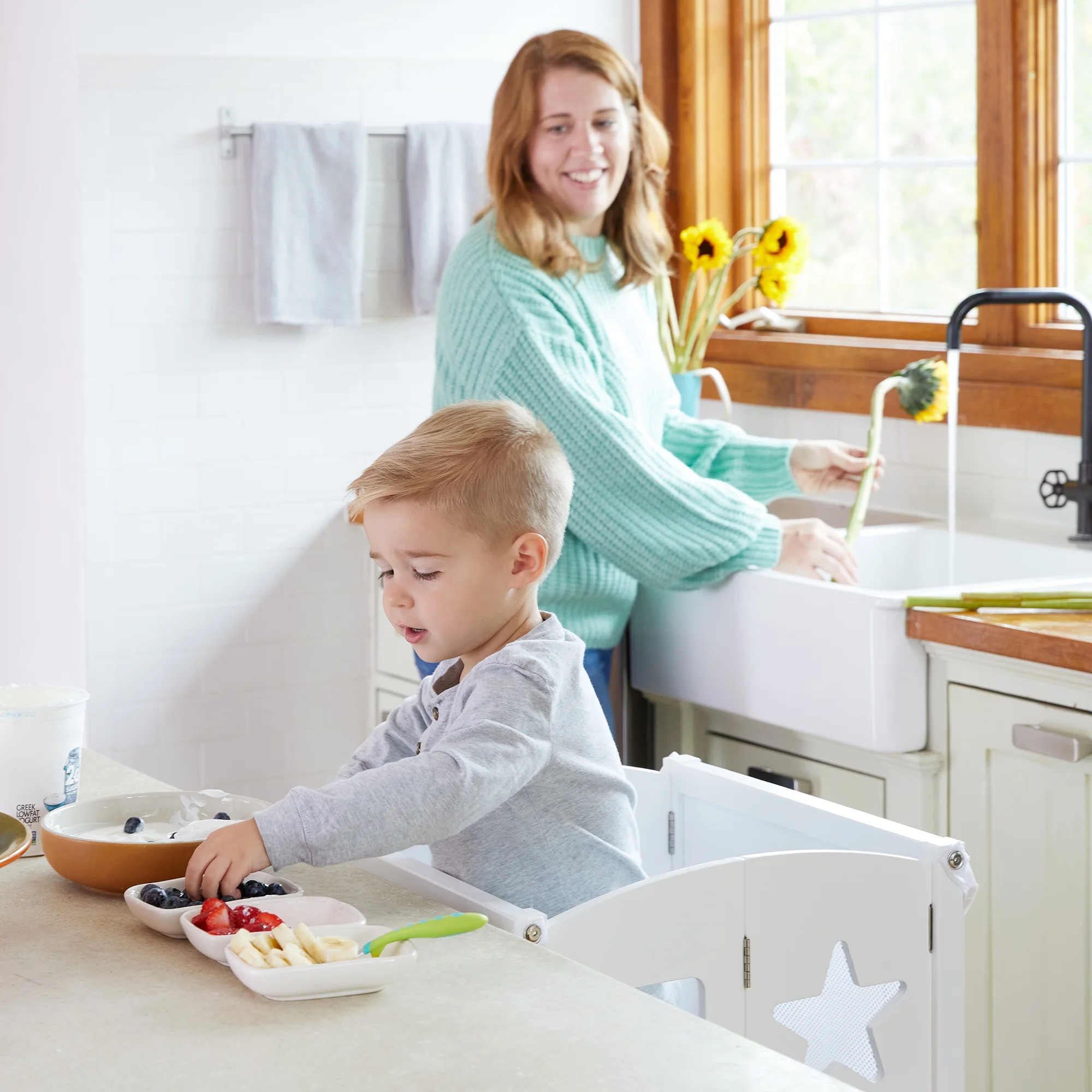Guidecraft Classic Kitchen Helper Kids' Step Stool - White: Folding, Adjustable Kids Non-Slip Learning Toddler Tower with Safe Keepers