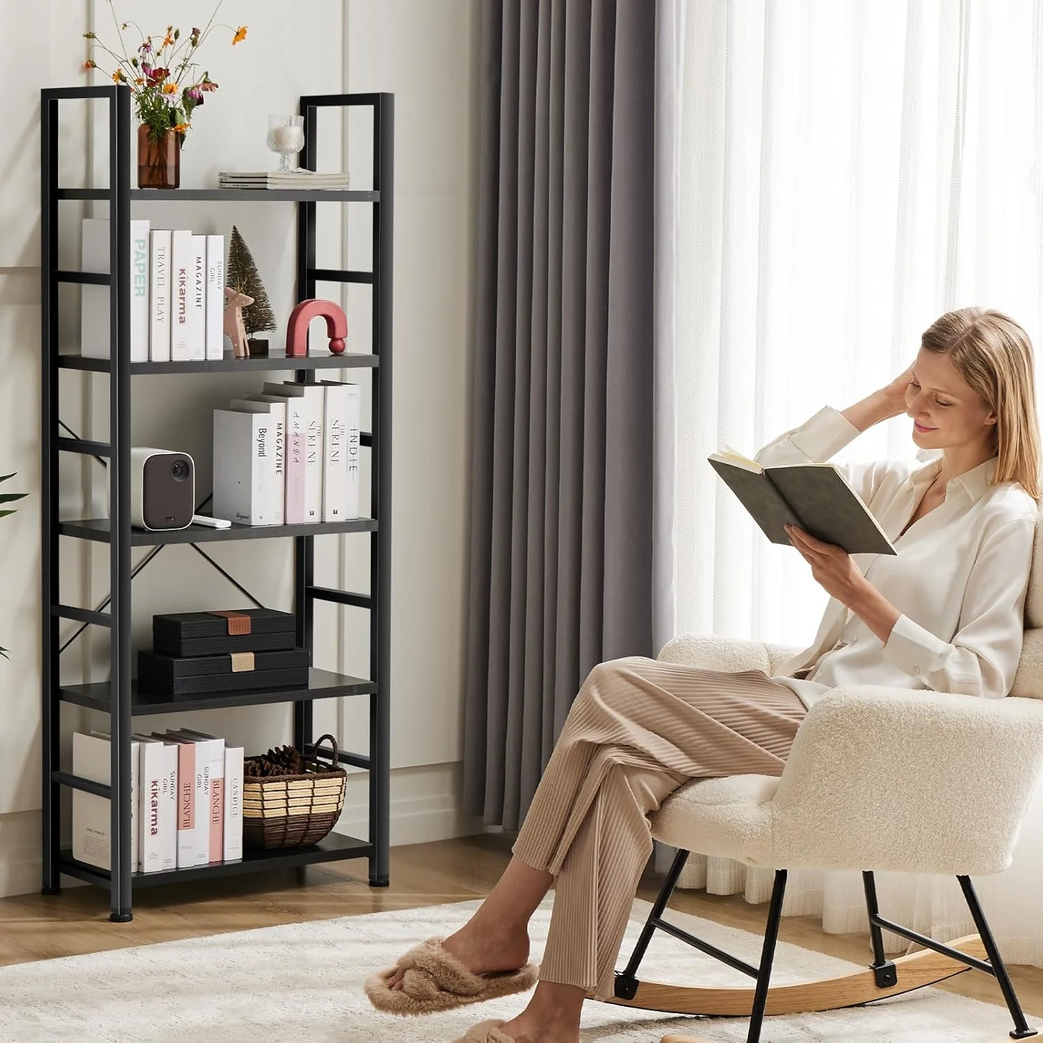 5 Tier Bookcase, Bookshelf Storage Wall Shelf Organizer Display StandBook Shelf, Corner Storage Organizer, Black
