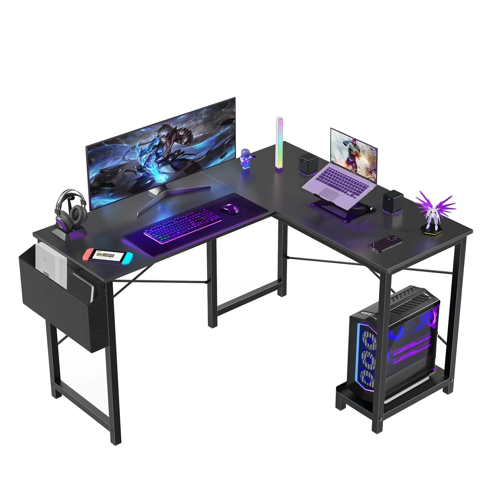 M optimized L-Shaped Computer Desk with Side Storage Bag, Wood Metal Gaming Desk Industrial Retro Study Writing Desk for Home Office Bedroom Game Room