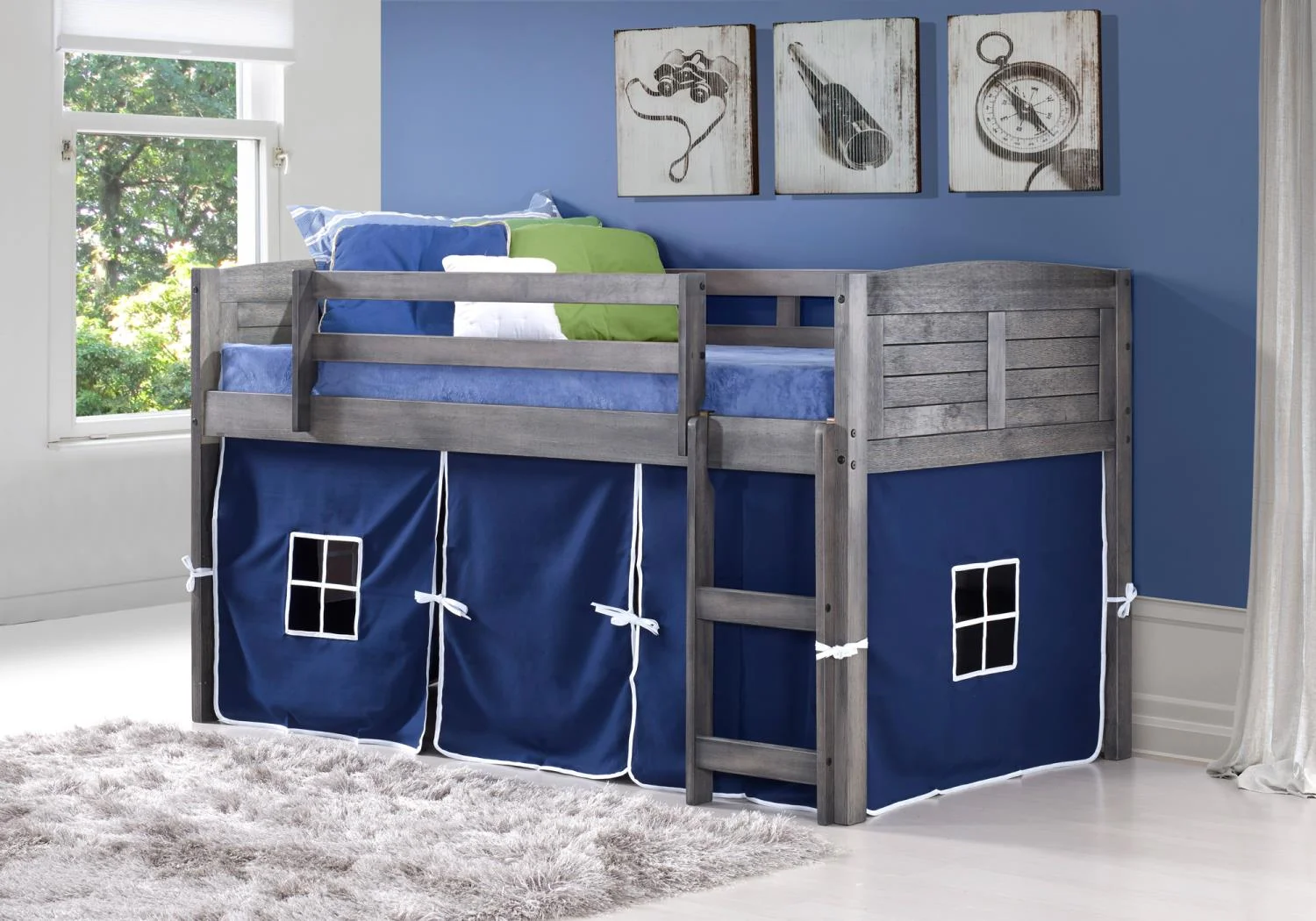 Donco Kids Louver Twin Antique Grey Low Loft Bed with Blue Tent, Twin, Antique Grey
