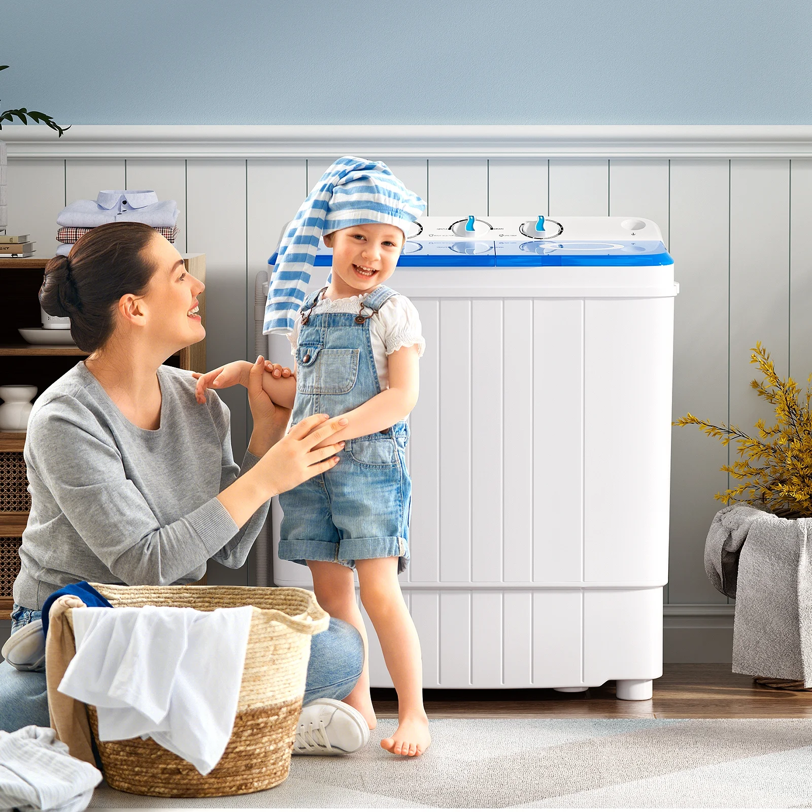 Costway Portable Washing Machine 17.6 lbs Twin Tub Laundry Washer with Drain Pump Blue