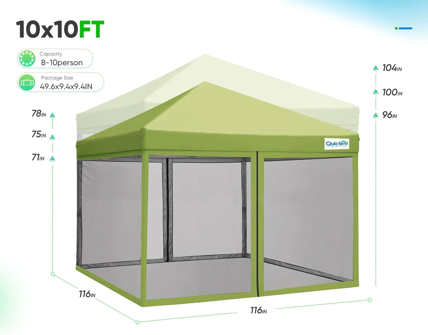 Quictent 10x10 Ez Pop up Canopy Screen House with Netting Instant Outdoor Canopy Tent Mesh Sideswalls-3 Colors (Green)