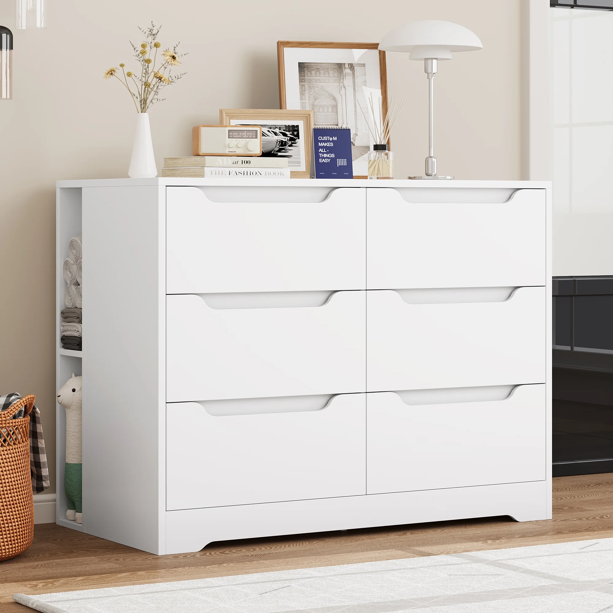 Homfa Horizontal 6 Drawer Dresser, Wood Chest of Drawers Storage Cabinet for Bedroom Living Room, White