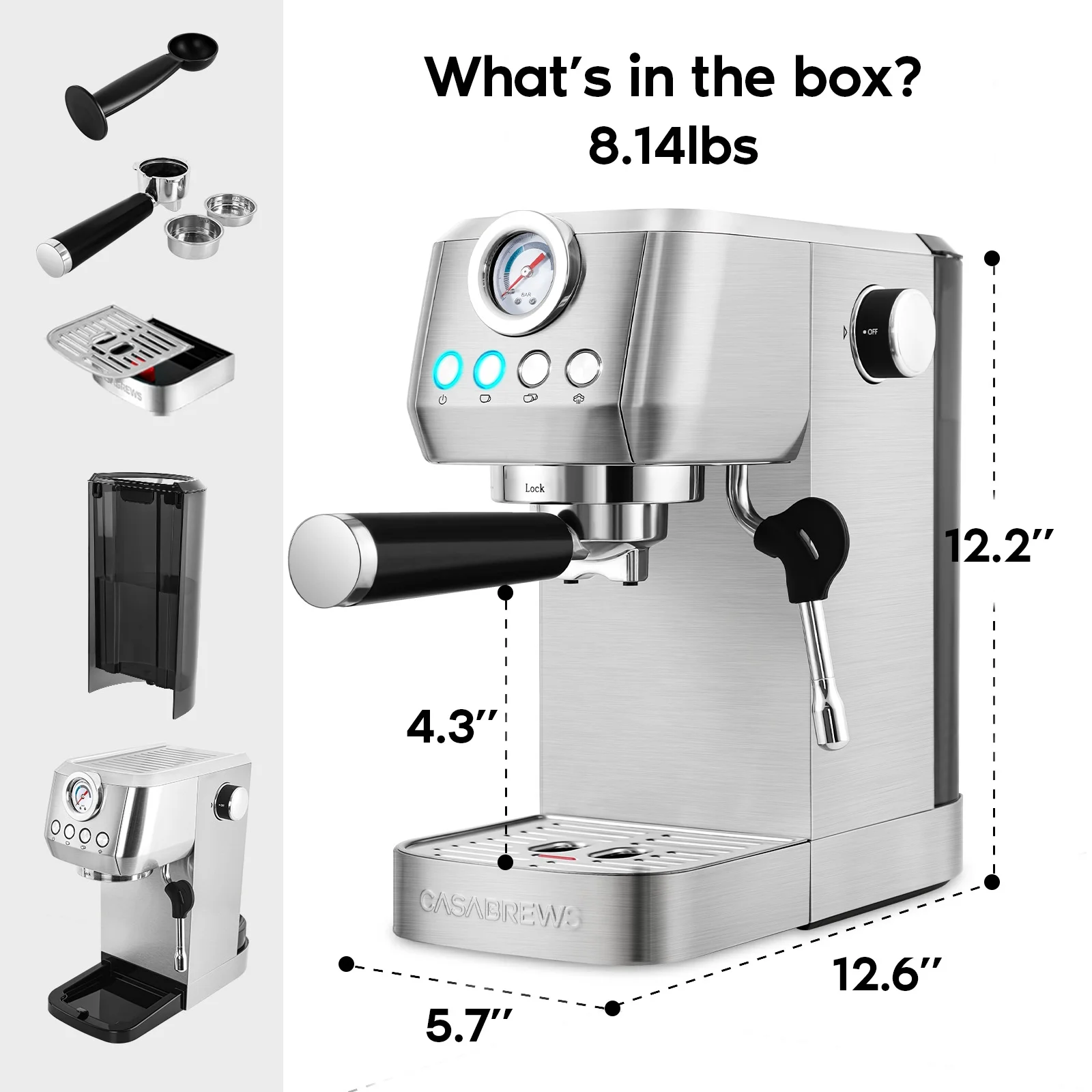 Casabrews 20 Bar Espresso Machine with Milk Frother Steam Wand, Professional Latte Coffee Machine, Stainless Steel, Silver