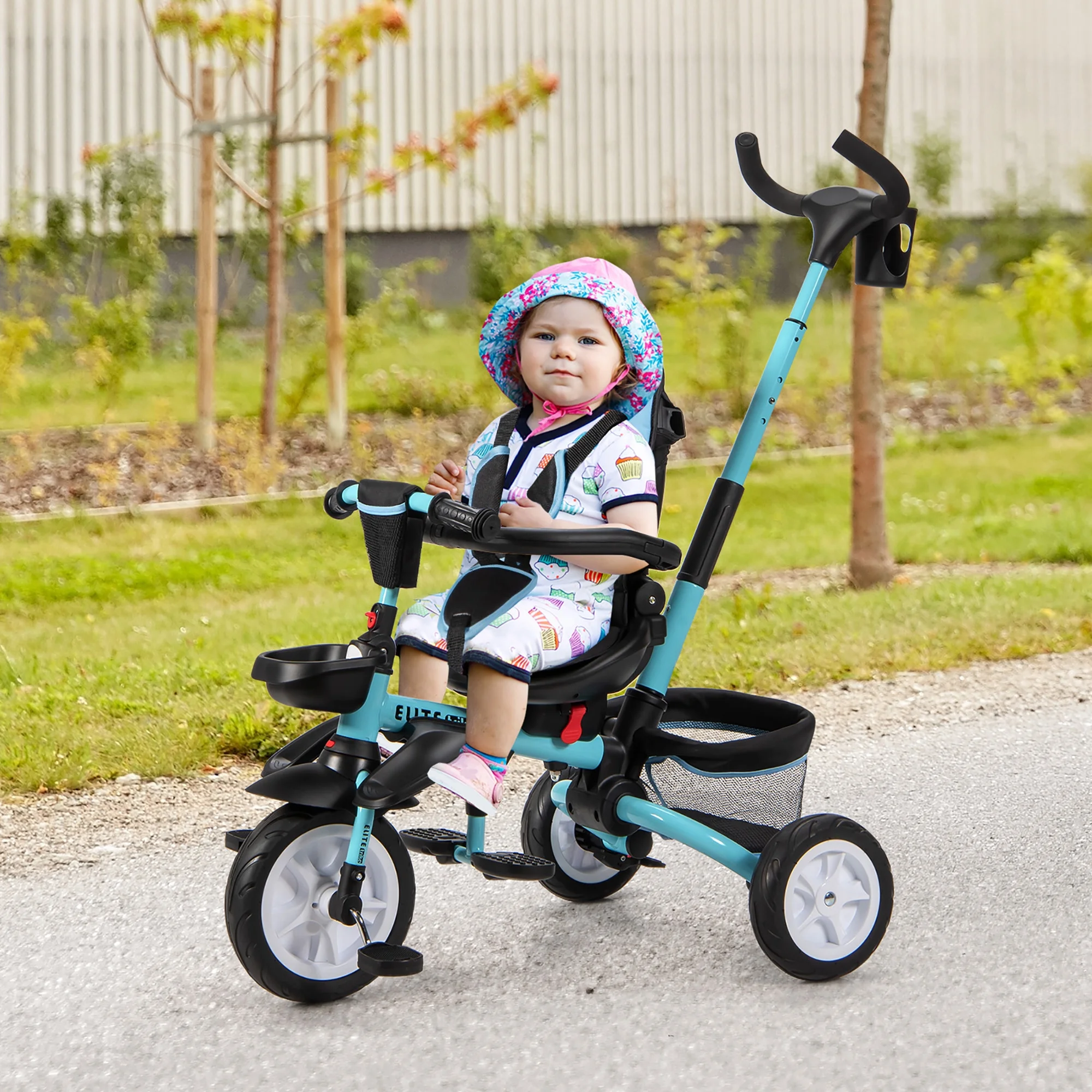 Costway 6-In-1 Kids Baby Stroller Tricycle Detachable Learning Toy Bike w/ Canopy Blue