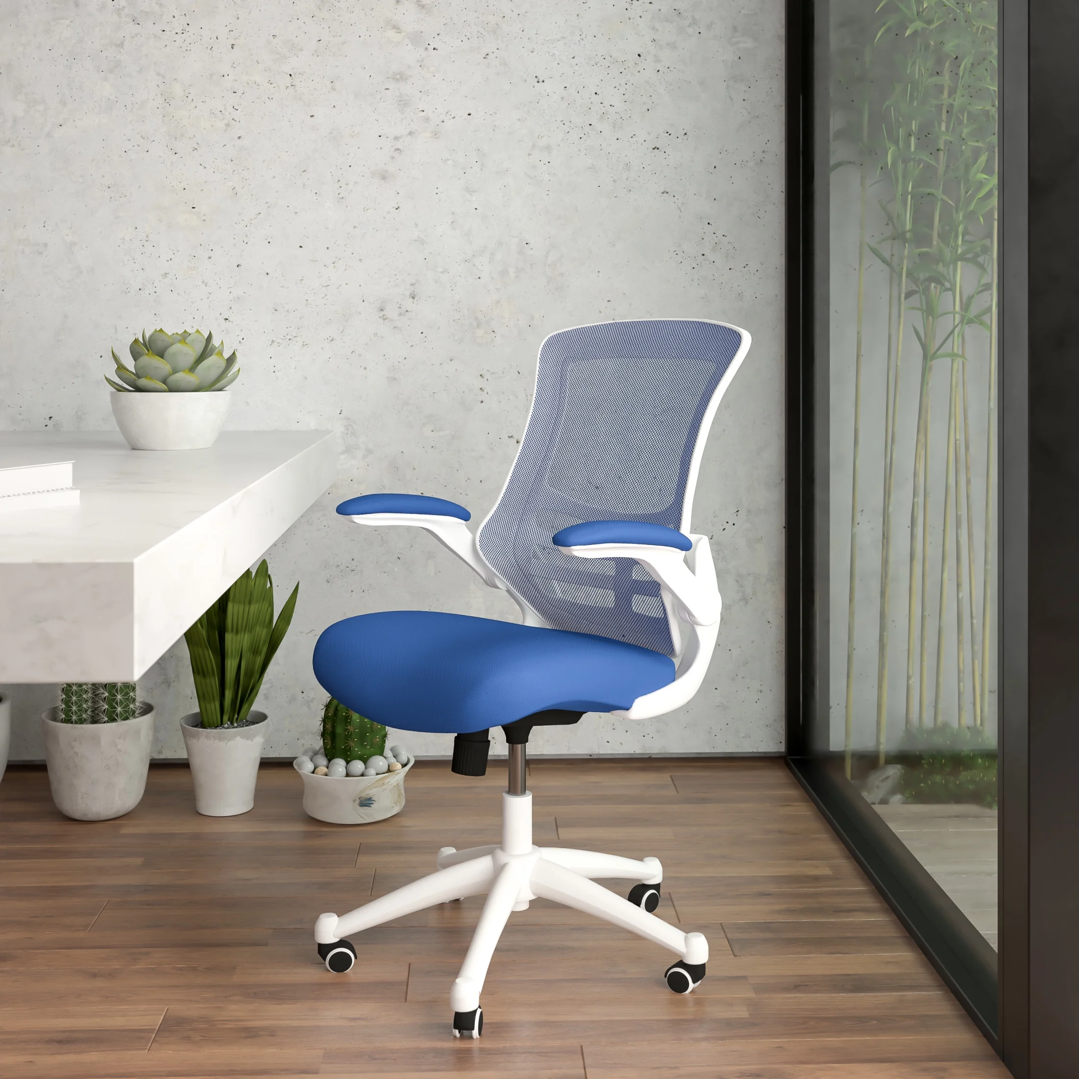 Flash Furniture Kelista Mid-Back Blue Mesh Swivel Ergonomic Task Office Chair with White Frame and Flip-Up Arms