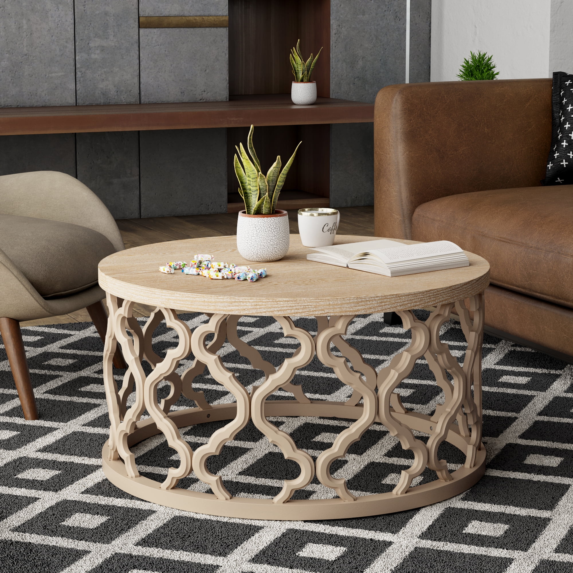 COZAYH Rustic Farmhouse Coffee Table, Distressed Wood Top Table with Curved Motif Frame Base for Boho, French Country Decor, Round, Natural