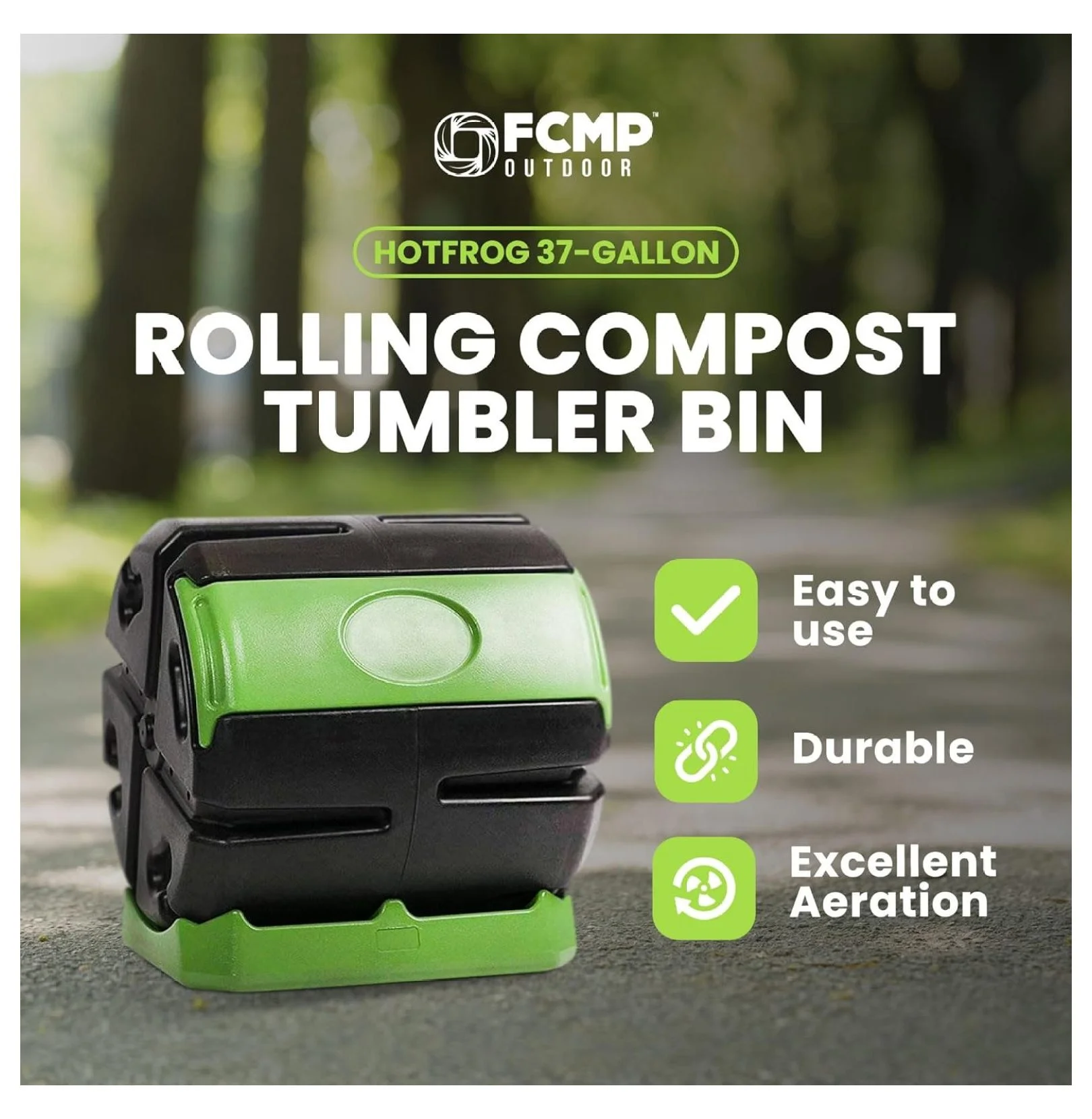 cMinc HOTFROG Rolling 37-Gallon Single Chamber Batch Tumbling Composter - Outdoor Rotating Garden Compost Bin, Black & Green
