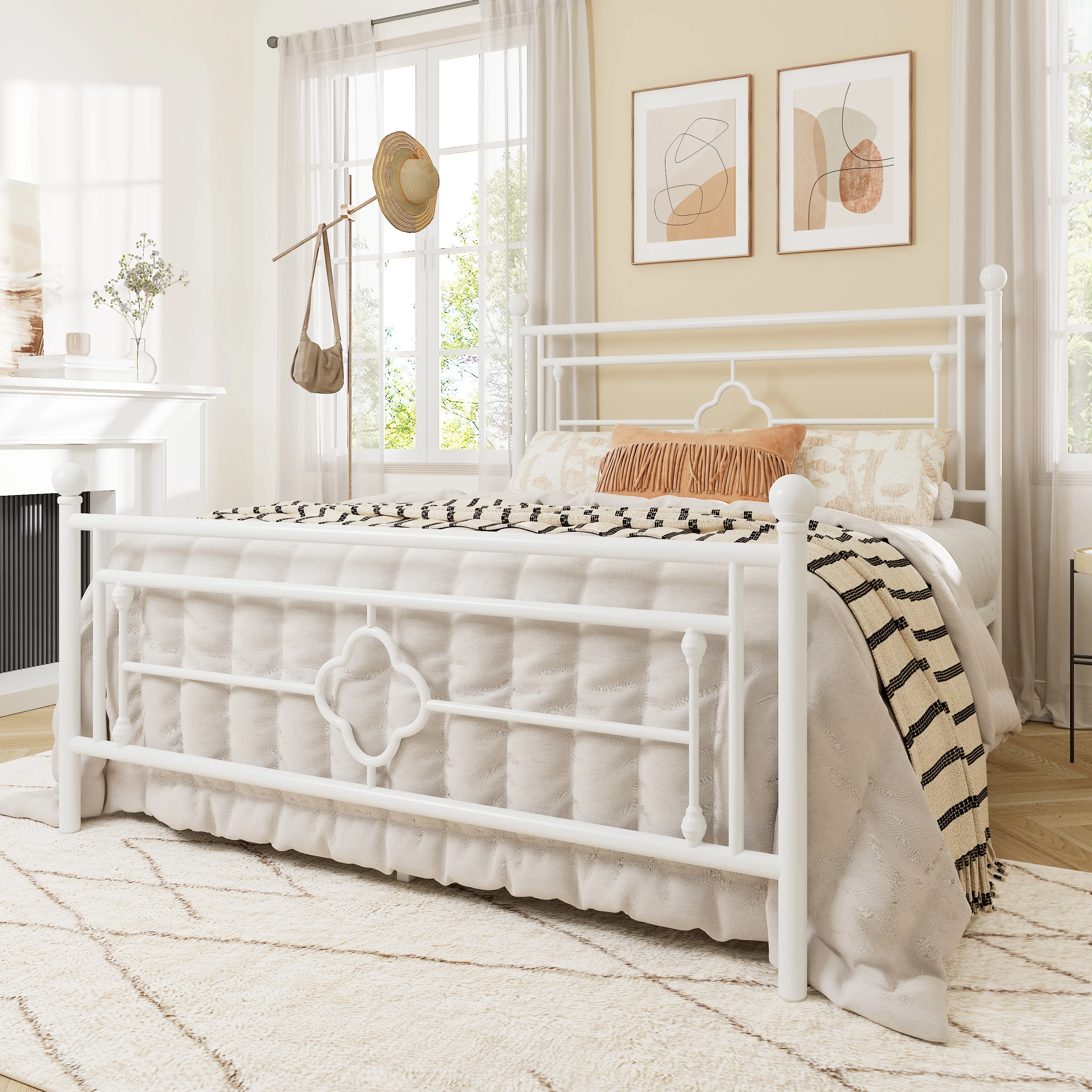 Allewie Queen Size Metal Platform Bed Frame with Victorian Vintage Headboard and Footboard, White