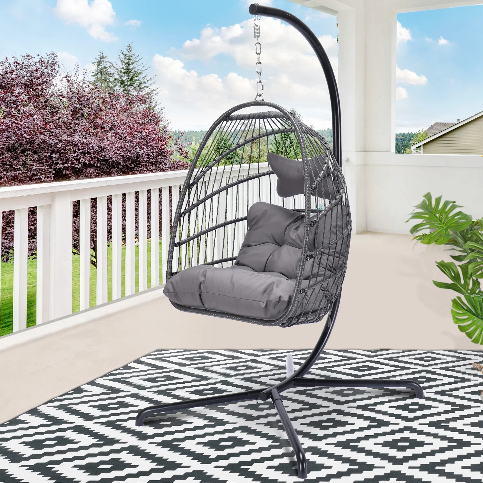 NICESOUL Outdoor Dark Gray Wicker Hanging Egg Chair with Stand 350lbs Max Hanging Swing Egg Basket