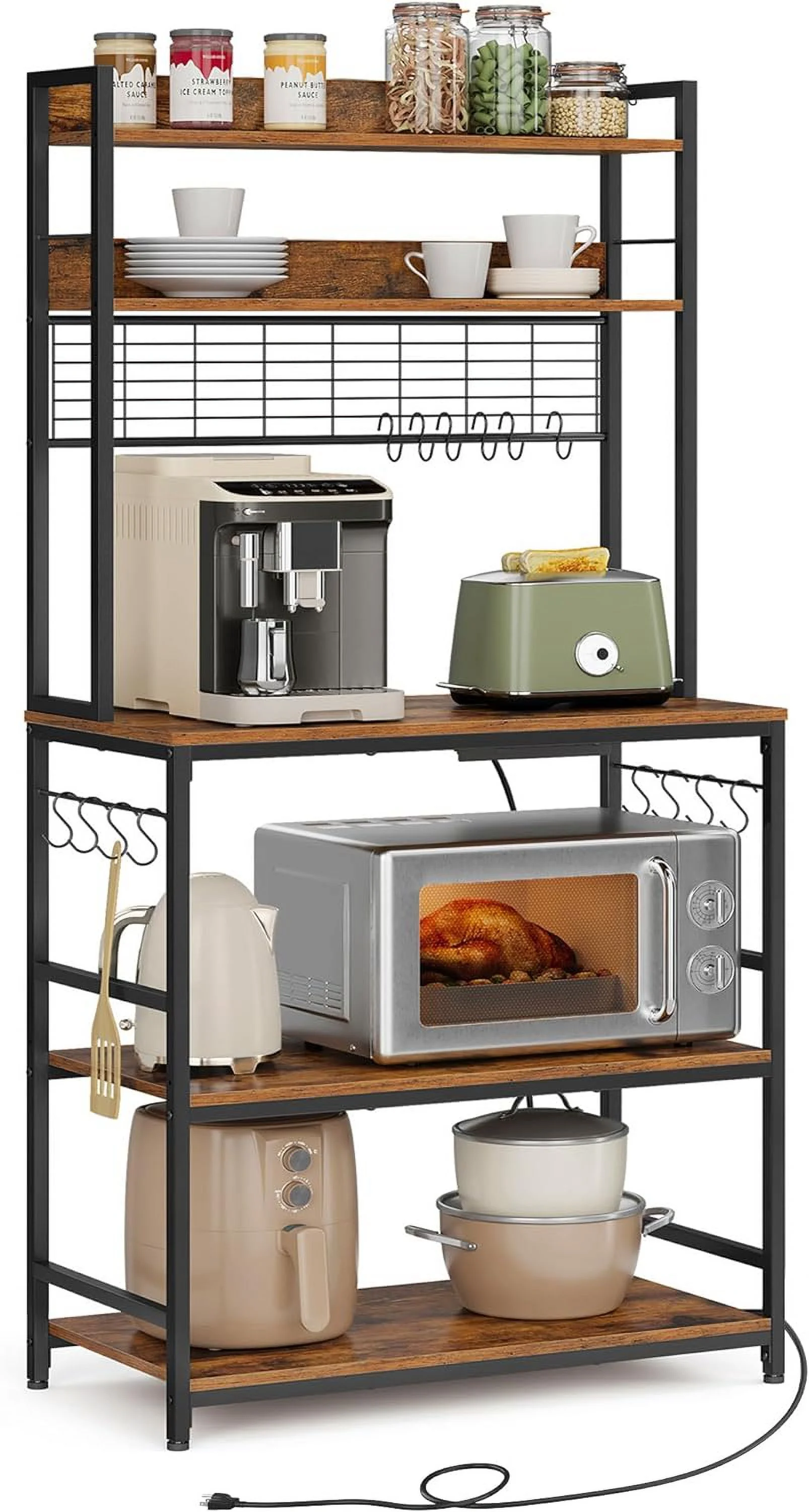 VASAGLE Bakers Rack with Power Outlet, Kitchen Storage Shelf, 31.5 Inches, Top, Rustic Brown Black