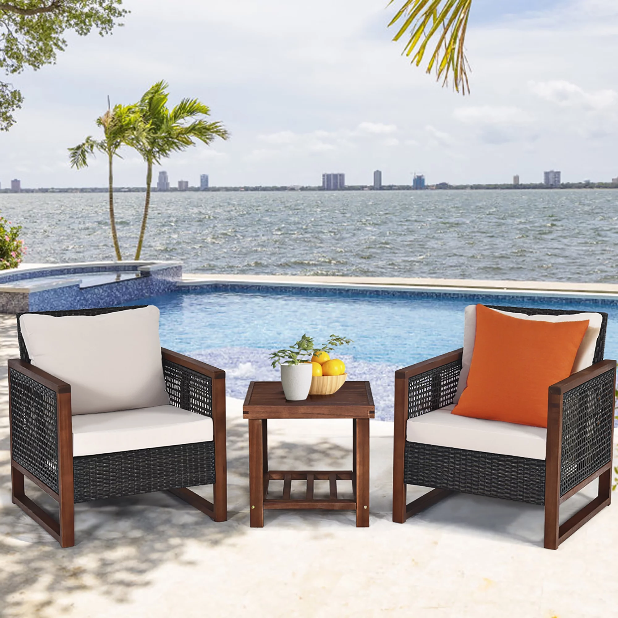 Costway 3PCS Patio Wicker Furniture Set Solid Wood Frame Cushion Sofa w/ Square Table Shelf Wheat