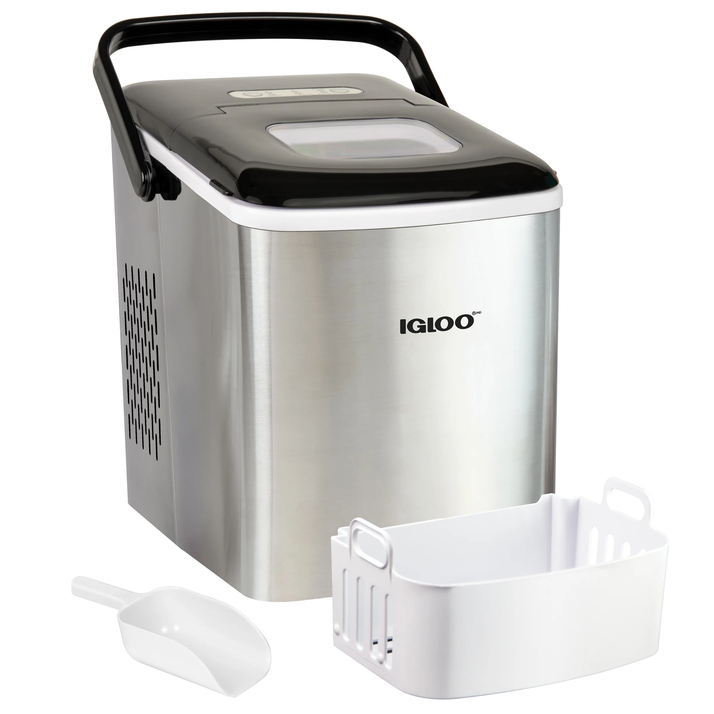 Igloo Handled Automatic Ice Machine Self Cleaning Countertop Ice Maker with Scoop, Stainless Steel