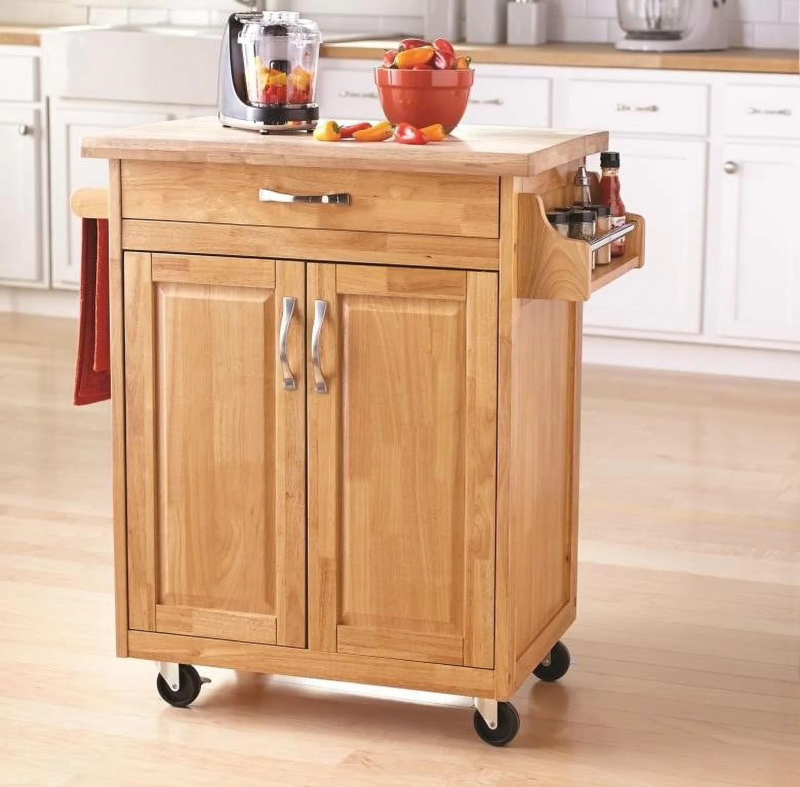 Mainstays Kitchen Island Cart with Drawer, Spice Rack, Towel Bar, Butcher Block Top, Natural