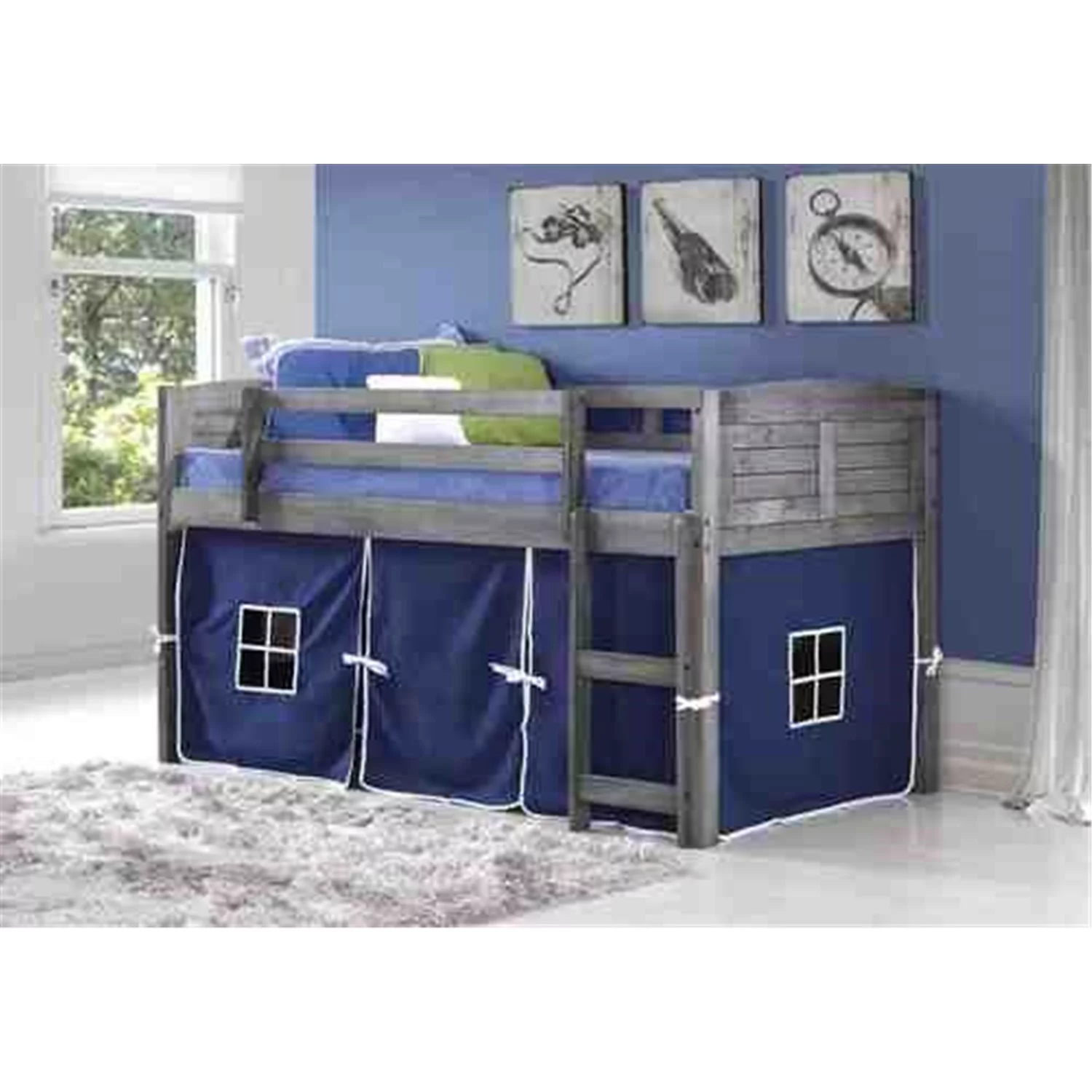 Donco Kids Louver Twin Antique Grey Low Loft Bed with Blue Tent, Twin, Antique Grey