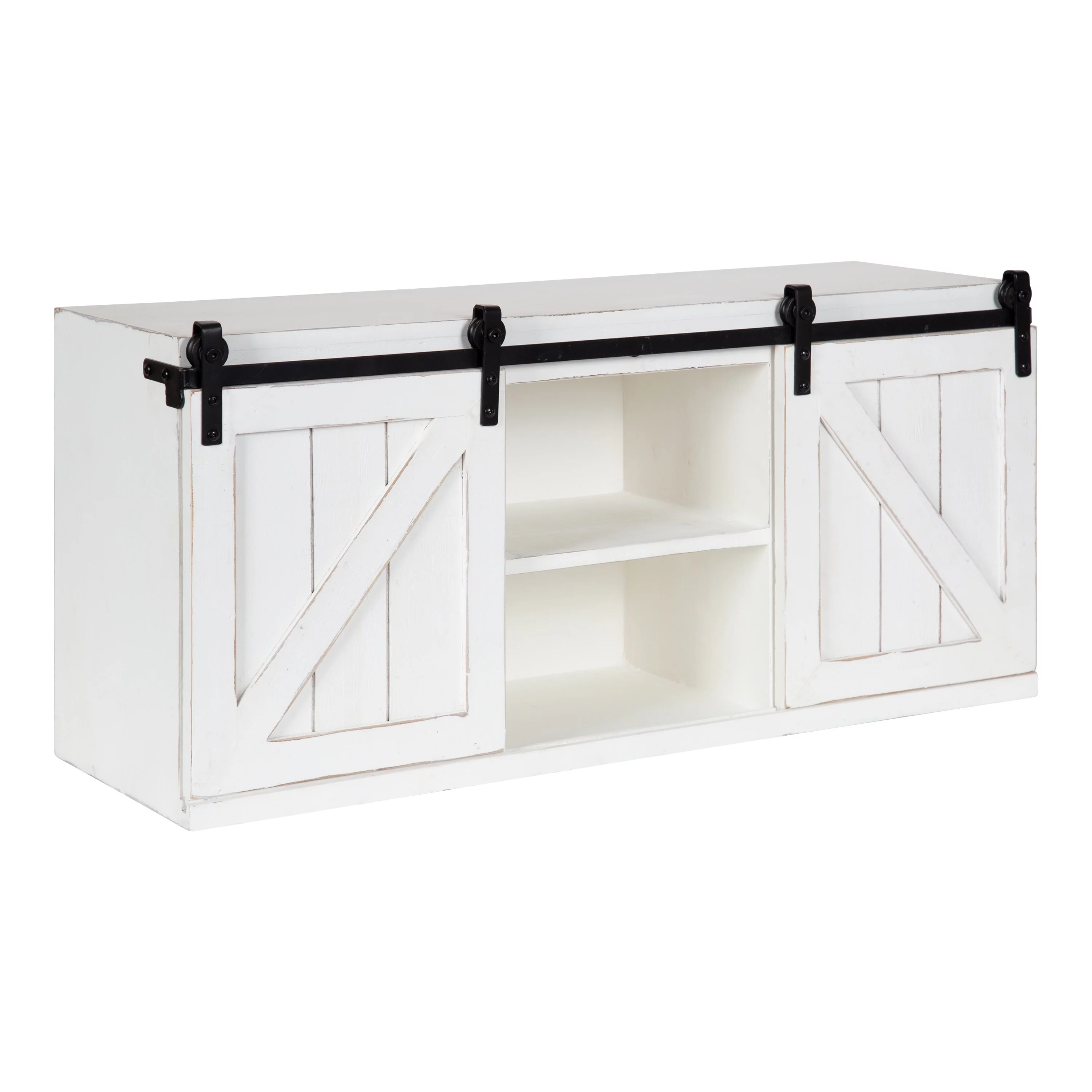 Kate and Laurel Cates Rustic Sliding Door Floating Wall Cabinet, 30 x 10 x 14, White, Decorative Distressed Wood Storage Cabinet for Farmhouse Wall Decor