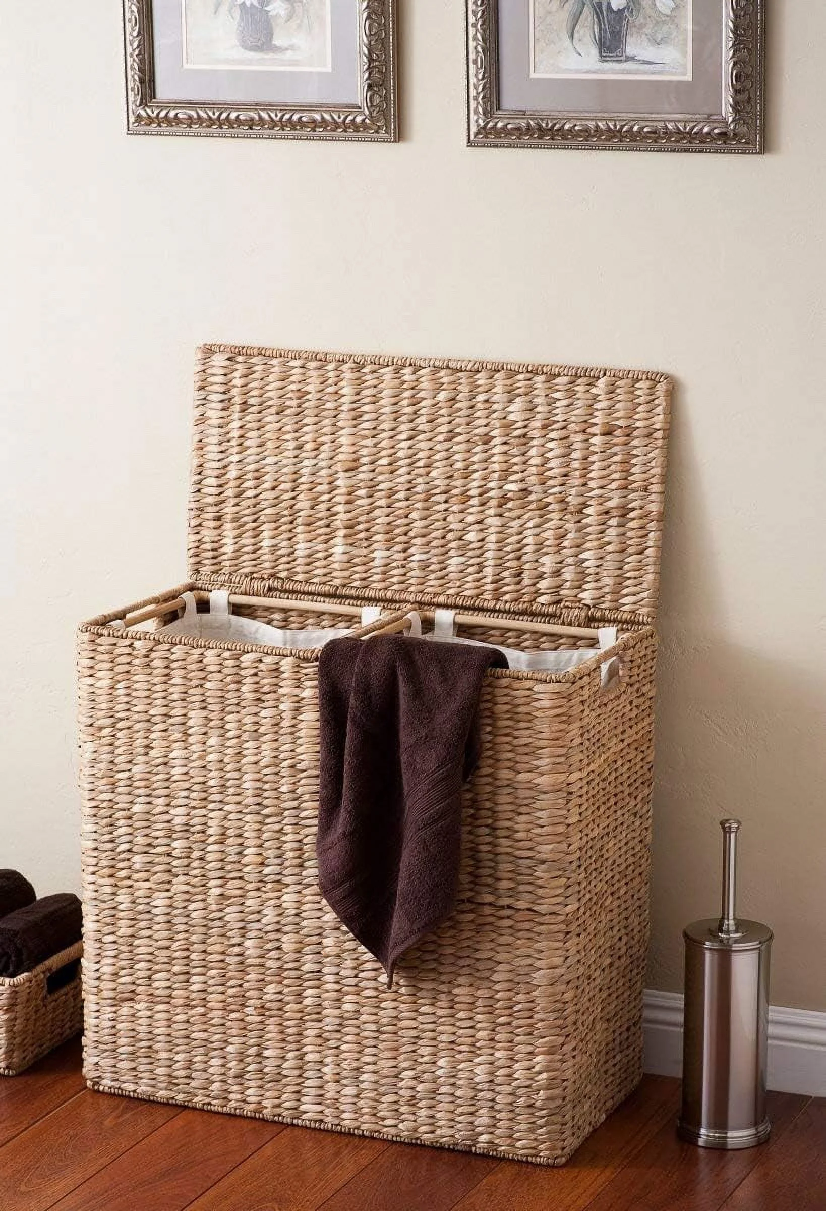 Oversized Double Laundry Hamper With Lid | 2 Liners Included | Handwoven Natural Woven Seagrass Fiber | Laundry Hamper 2 Section |