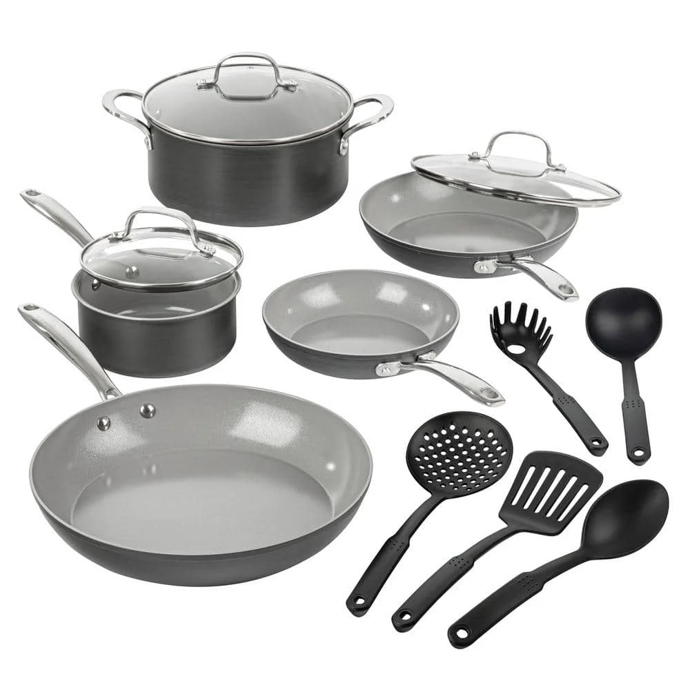 Professional 13-Piece Aluminum Hard Anodized Grey Ceramic Coating Nonstick Premium Cookware Set with Utensils
