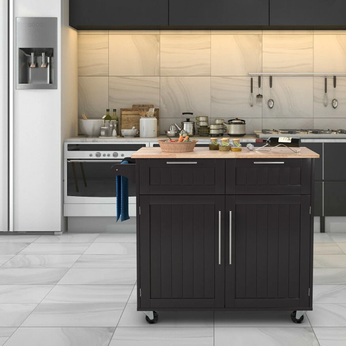 Costway Rolling Kitchen Cart Island Heavy Duty Storage Brown Trolley Cabinet Utility Modern