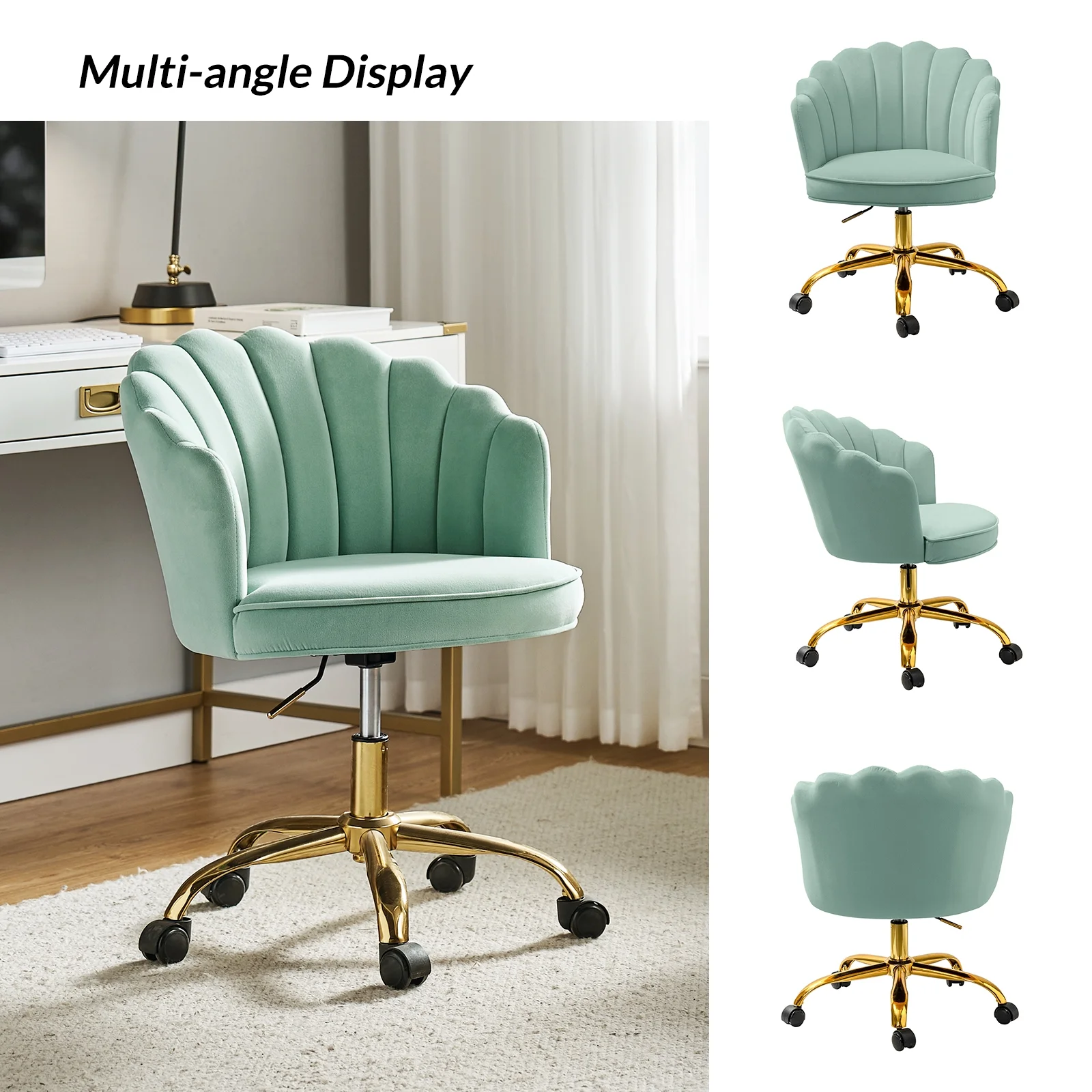 Makeup Vanity Chair Velvet Upholstered Office Task Rolling Desk Chairs Computer Swivel Adjustable Bedroom Mint Green Sage