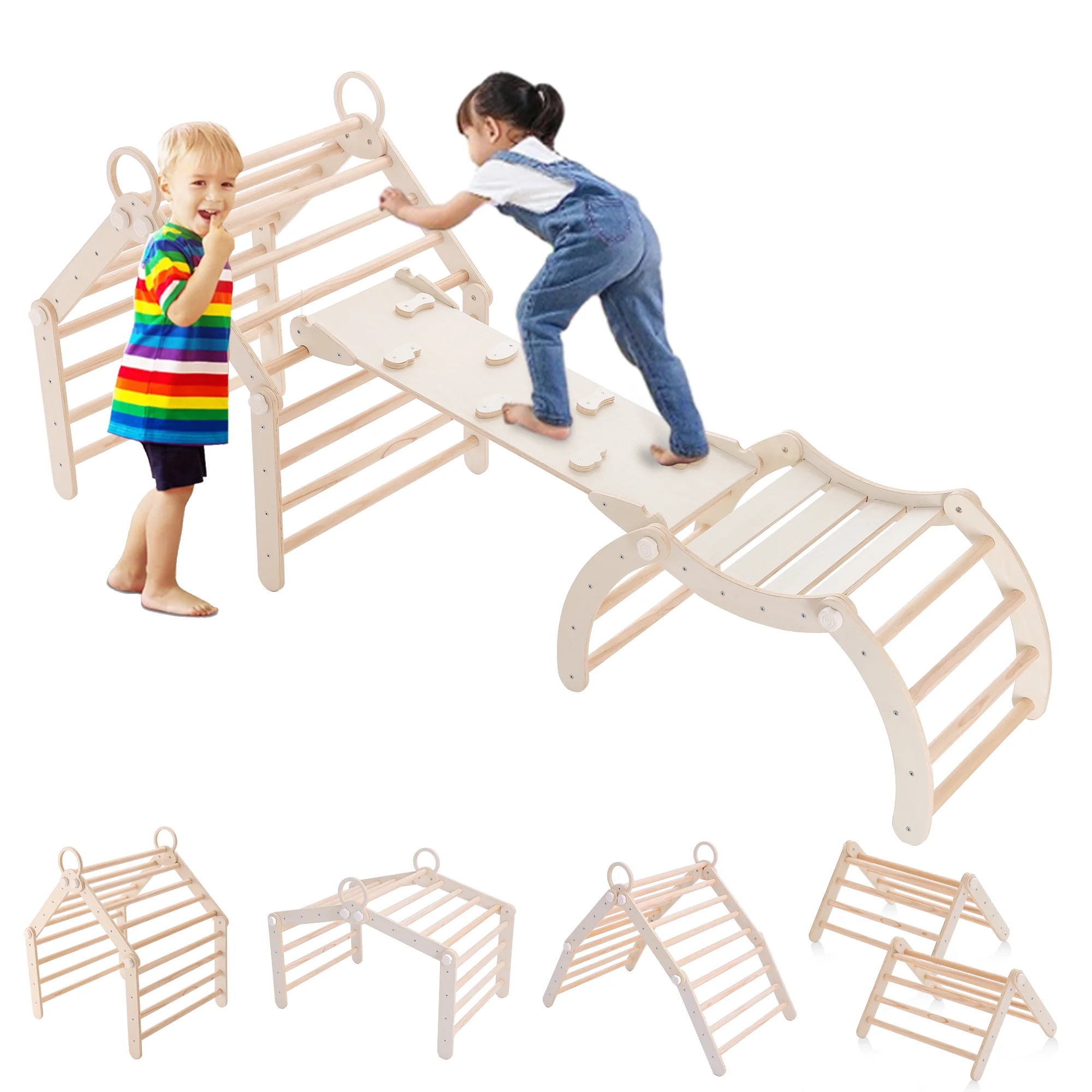Toddler Climbing Toys Indoor,Pikler Triangle Set with Arch and Ramp, Foldable Wooden Montessori Climbing, Wood Play Gym, Toddler Gym for 2-6 Years