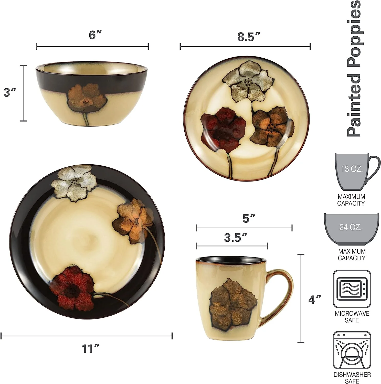 Elegant Floral Design Tan & Assorted 16-Piece Set Stoneware Dinnerware Set - Pfaltzgraff Painted Poppies
